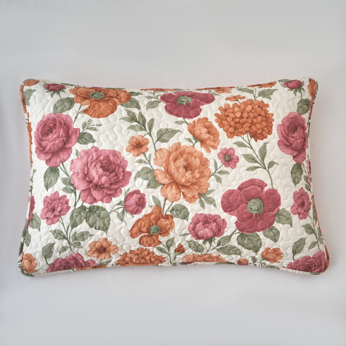 Terracotta Rose Garden quilted floral standard pillow sham, 20 x 26 inches