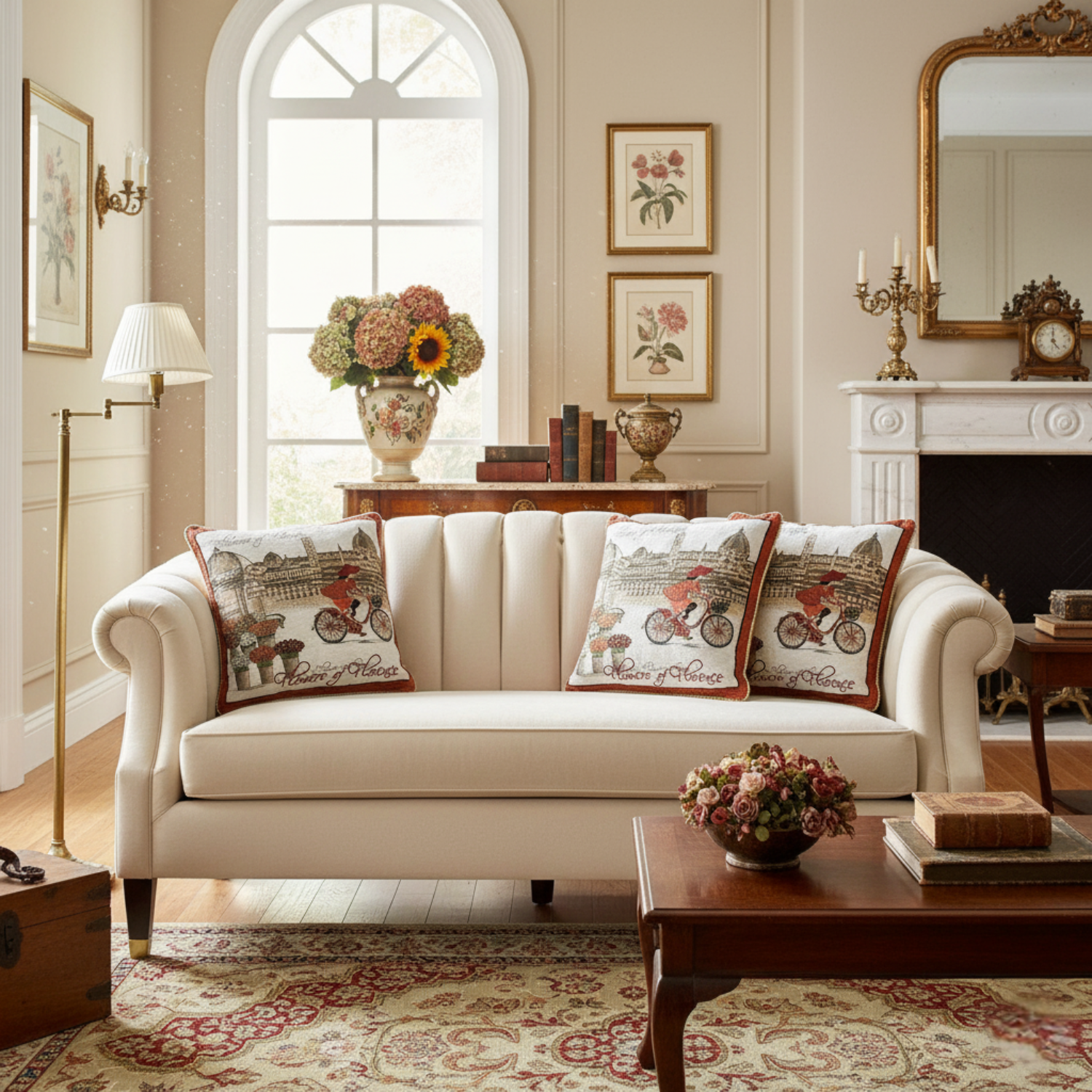Living room with a beige sofa, decorative pillows, and a coffee table.