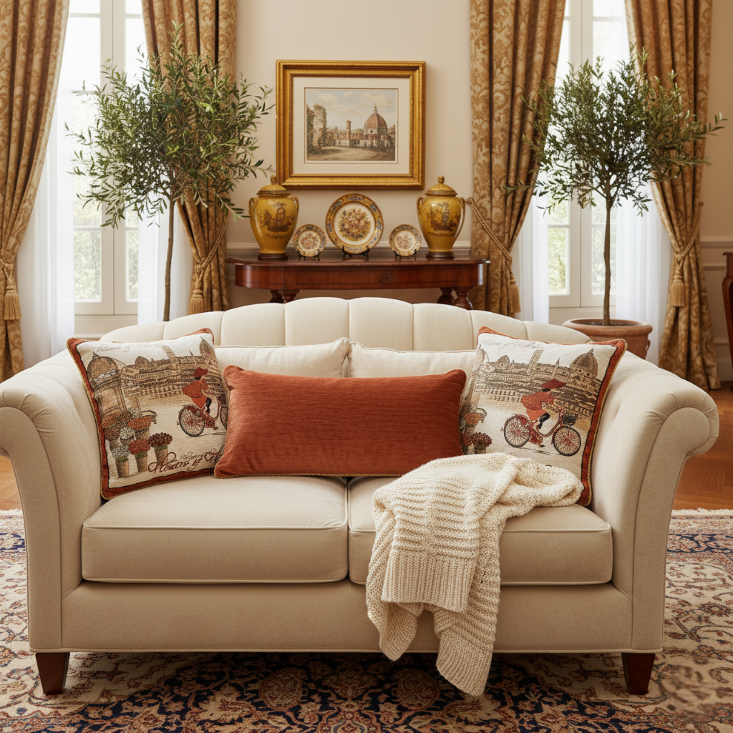 Beige sofa with decorative pillows and a blanket in a living room setting.