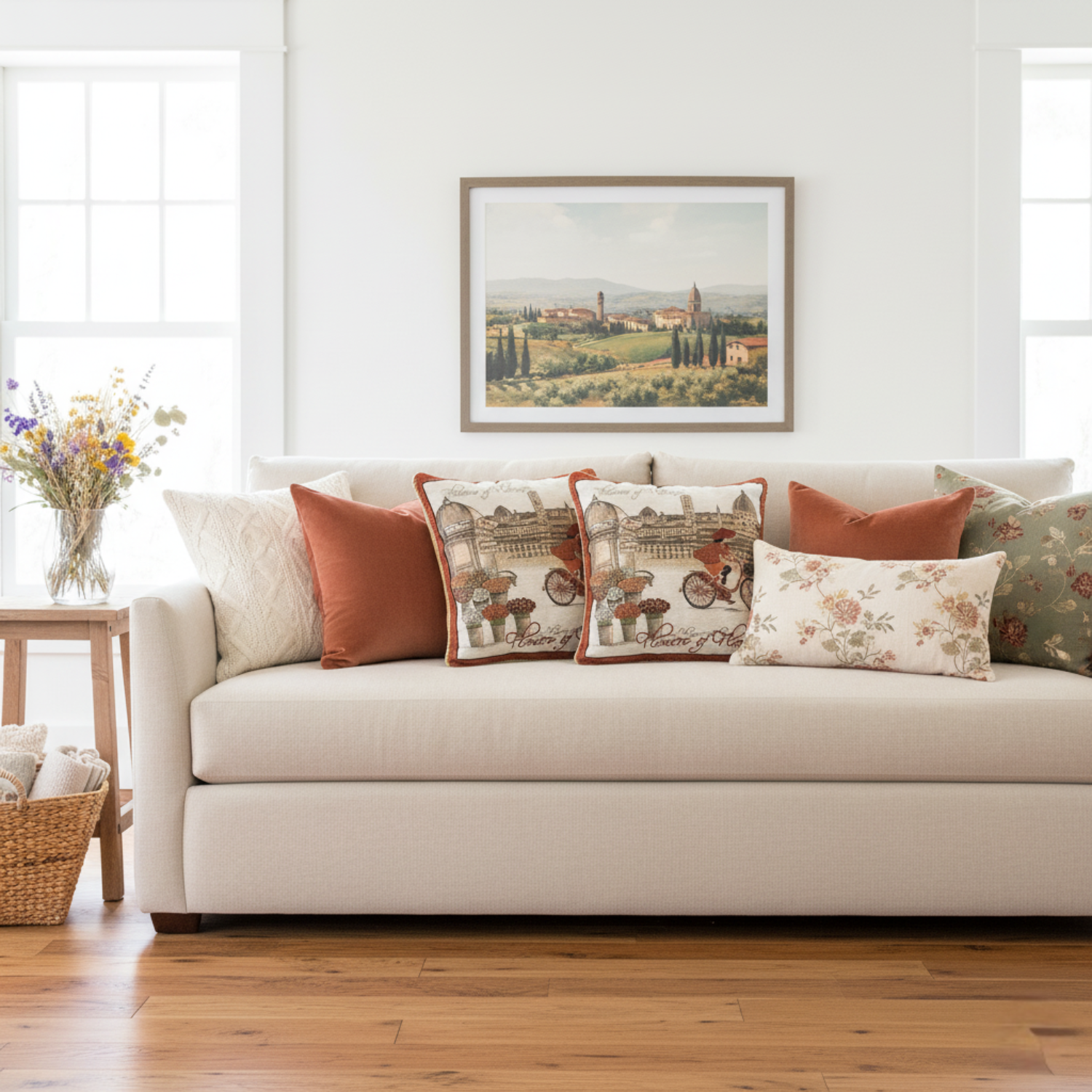 Living room with a beige sofa adorned with patterned cushions, a framed picture on the wall, and a wooden side table.