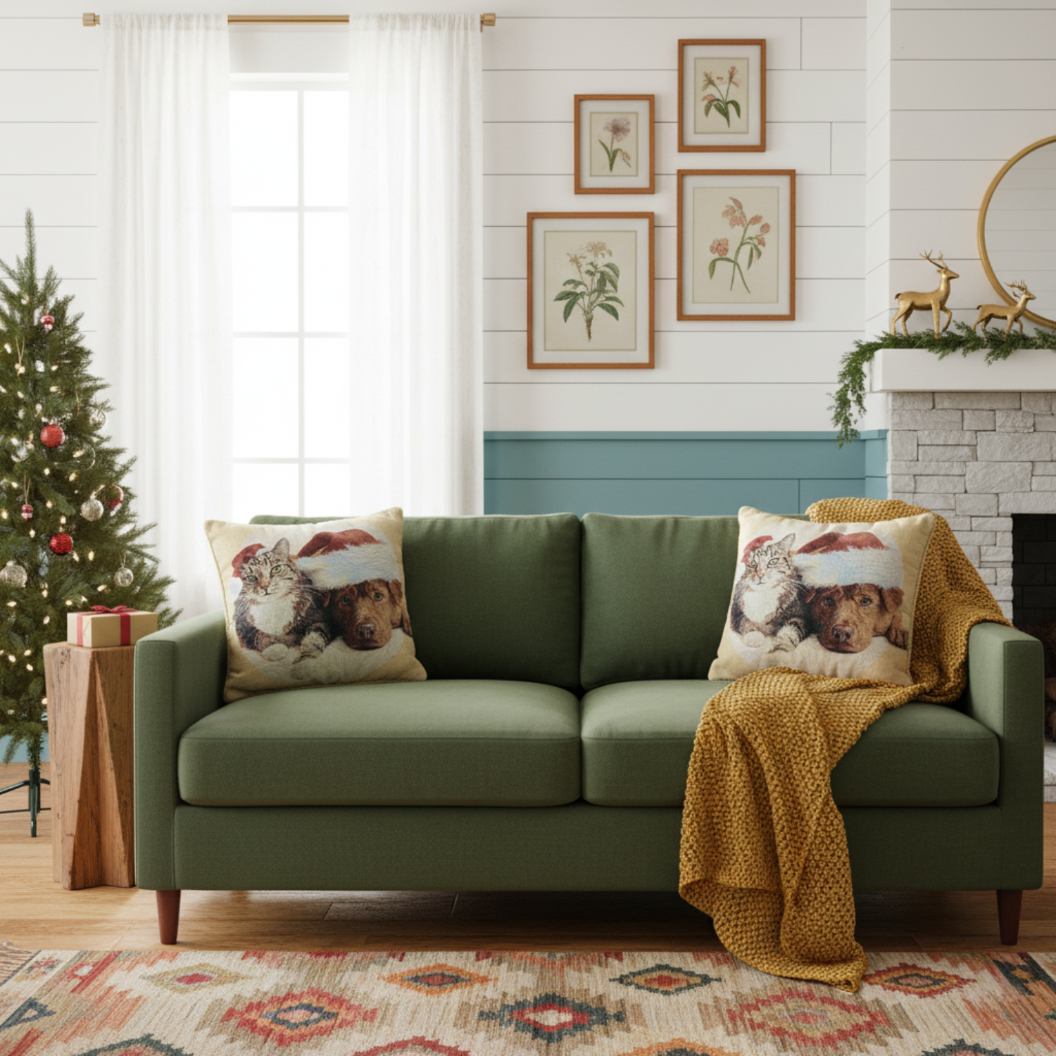 Green sofa with decorative pillows with Christmas theme of cat and dog throw pillow and a Christmas tree in a living room.