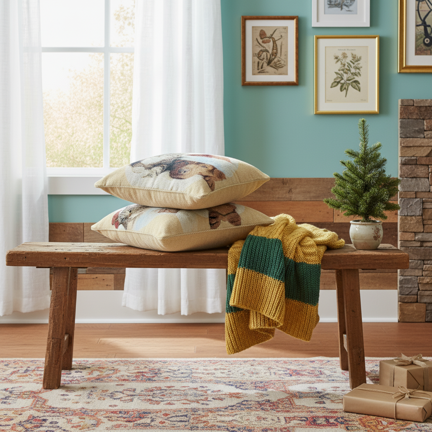 Wooden bench with decorative pillows and a blanket in a cozy living room.