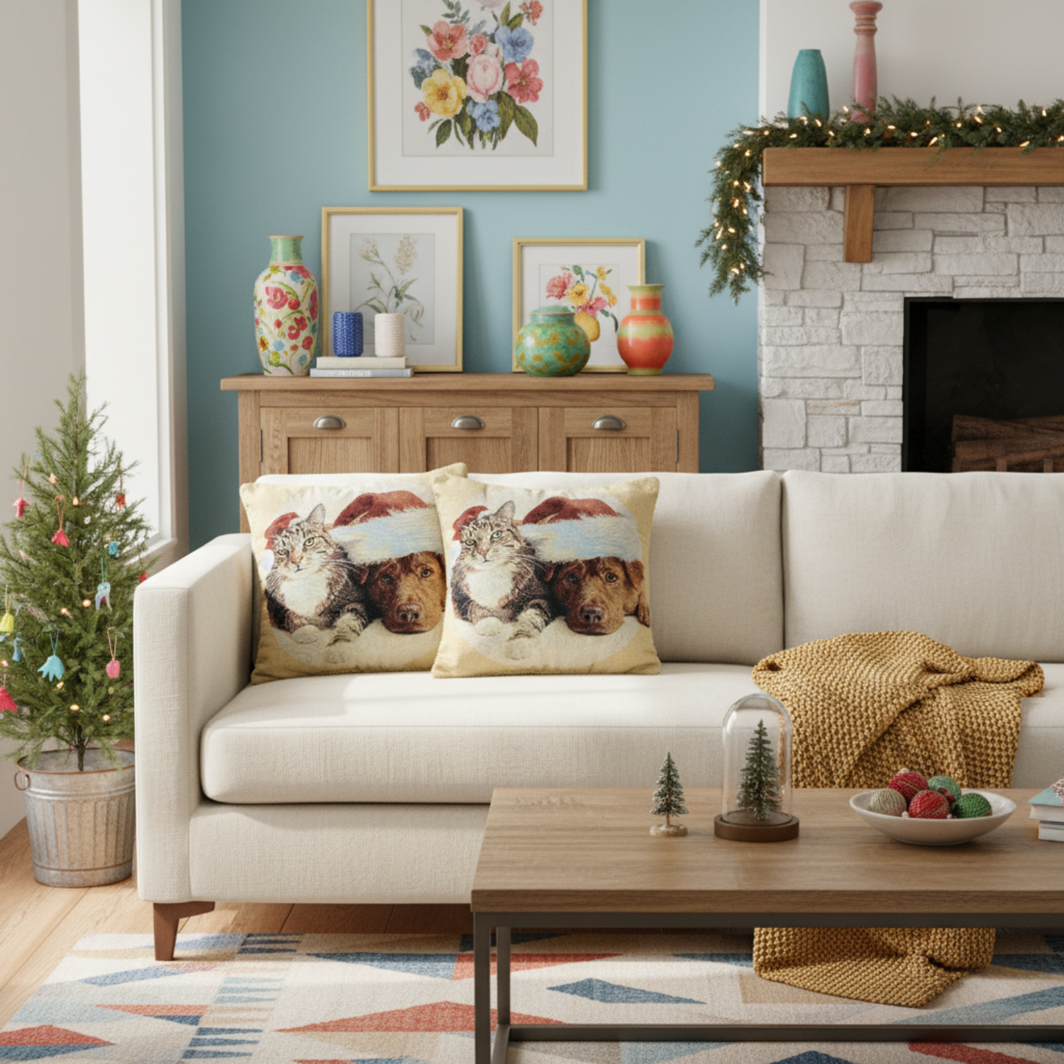 Cozy living room with a beige sofa, decorative pillows with pattern of cat and dog, and festive decor.