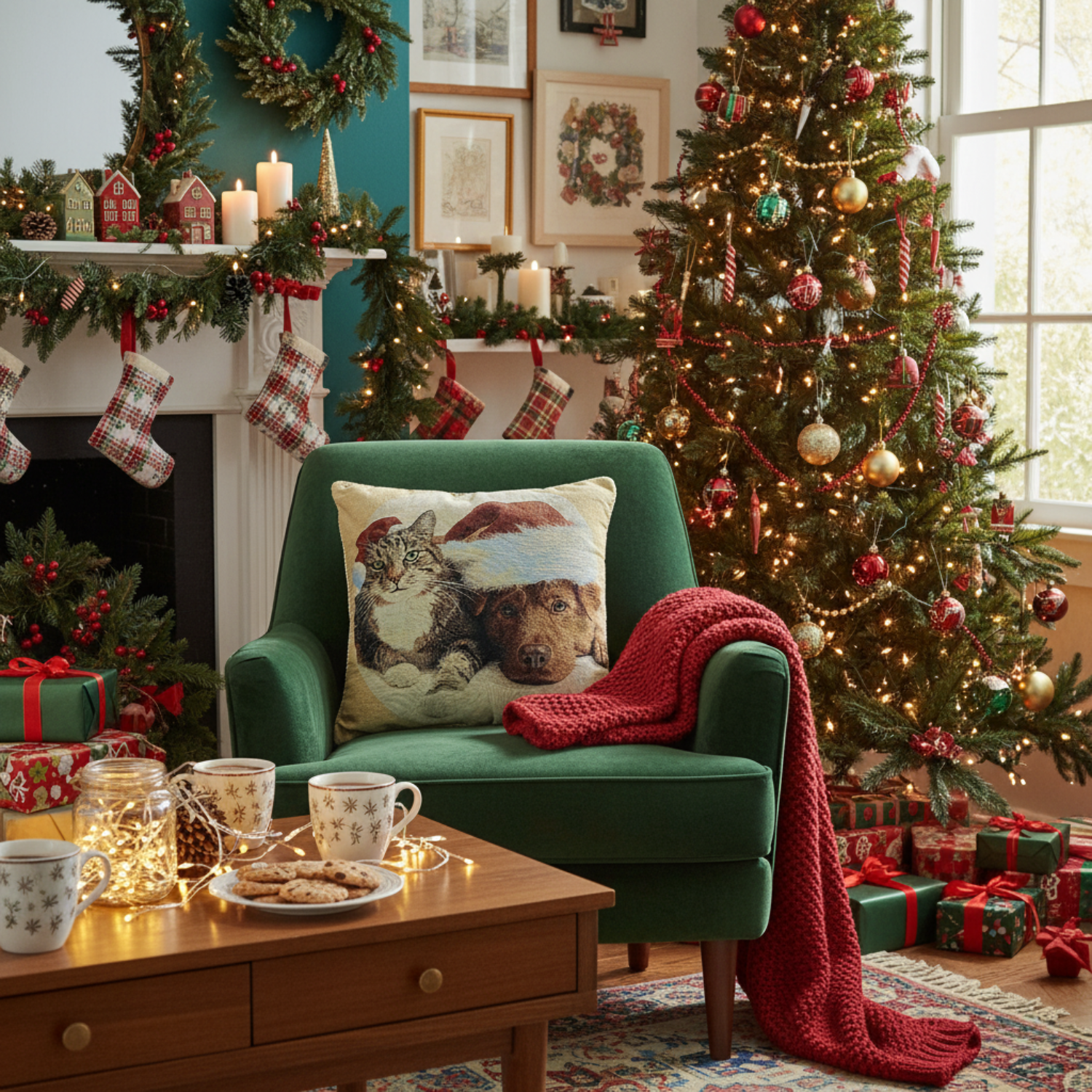 Cozy living room decorated for Christmas with a green armchair with a decorative cat and dog christmas cushion, tree, and fireplace.