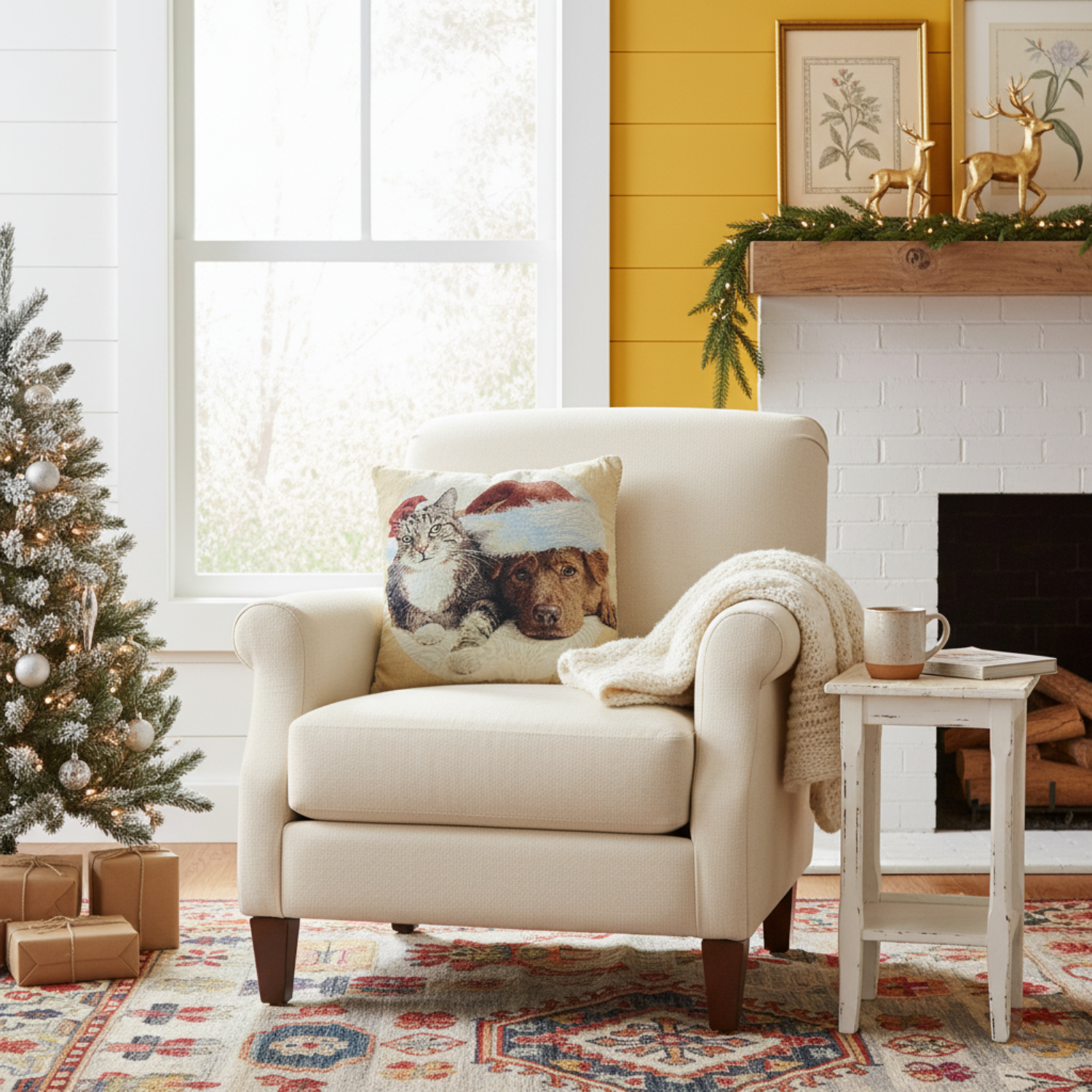 Cozy living room with a beige armchair, Christmas tree, and fireplace and a festive cat and dog pillow