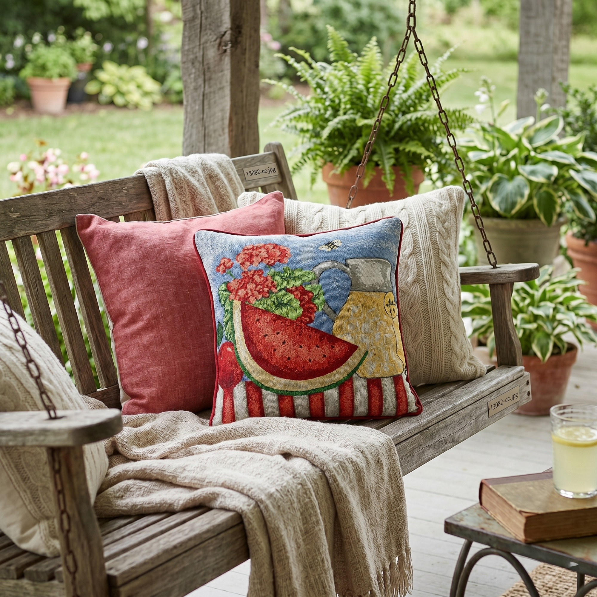 Tache summer woven tapestry throw pillow cover featuring a watermelon and lemonade pitcher design, styled on a wooden porch swing