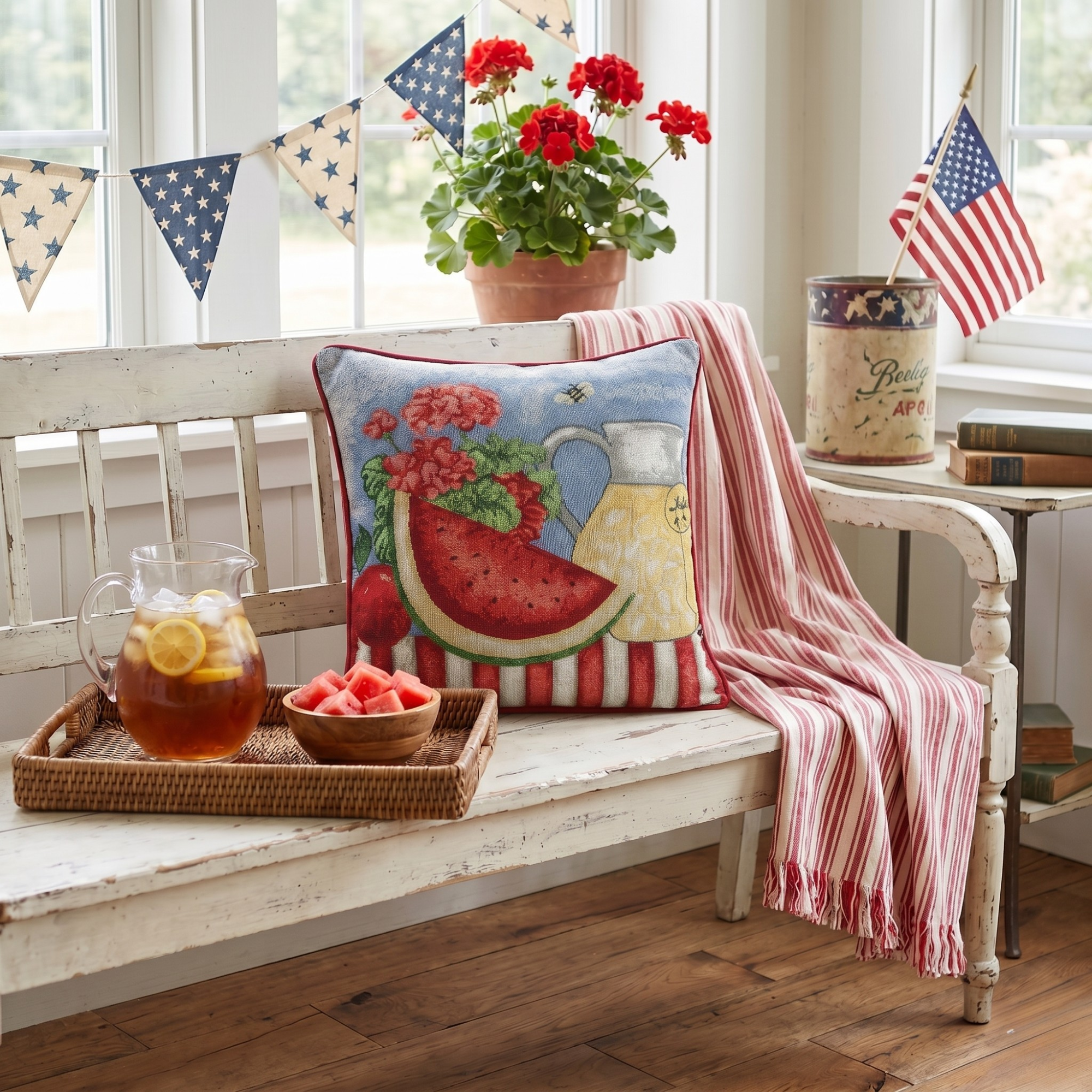 Tache watermelon and lemonade woven tapestry throw pillow cover styled on a white wooden bench with summer patriotic decor and an American flag