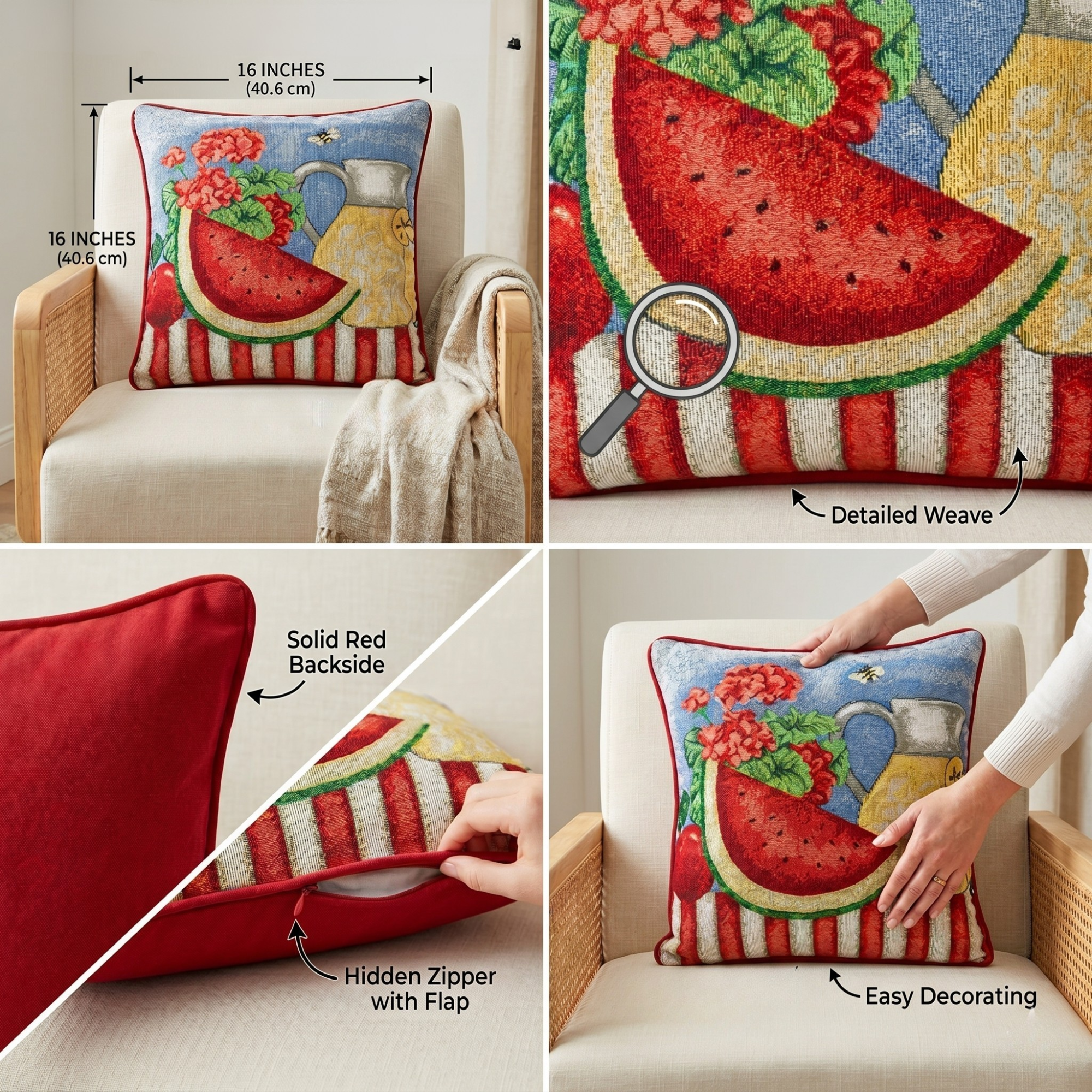 16x16 Tache watermelon lemonade woven tapestry throw pillow cover infographic detailing the needlepoint weave, hidden zipper, and solid red backing
