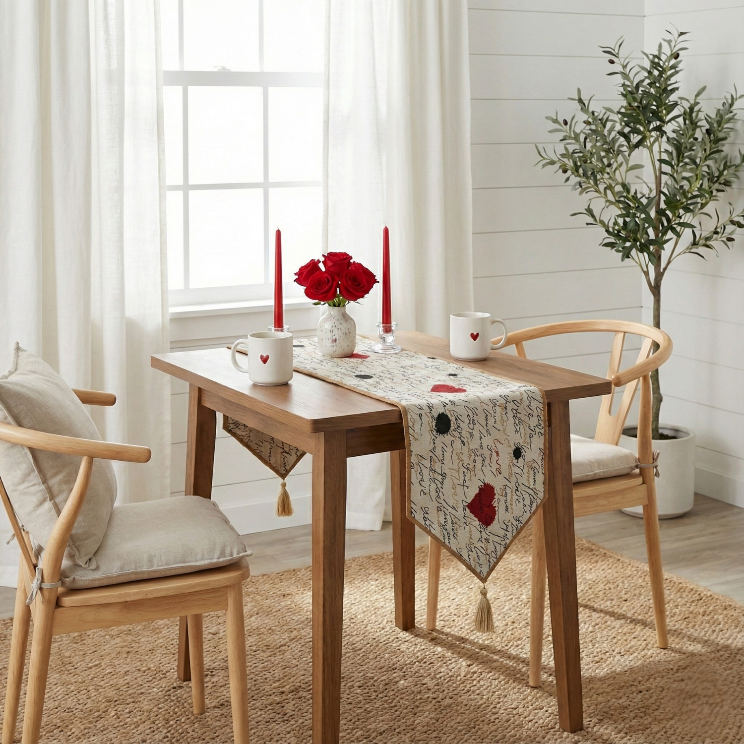 Dining room with wooden table, chairs, and decorative items in a bright room and Tache Tapestry I Love you valentines day table runner