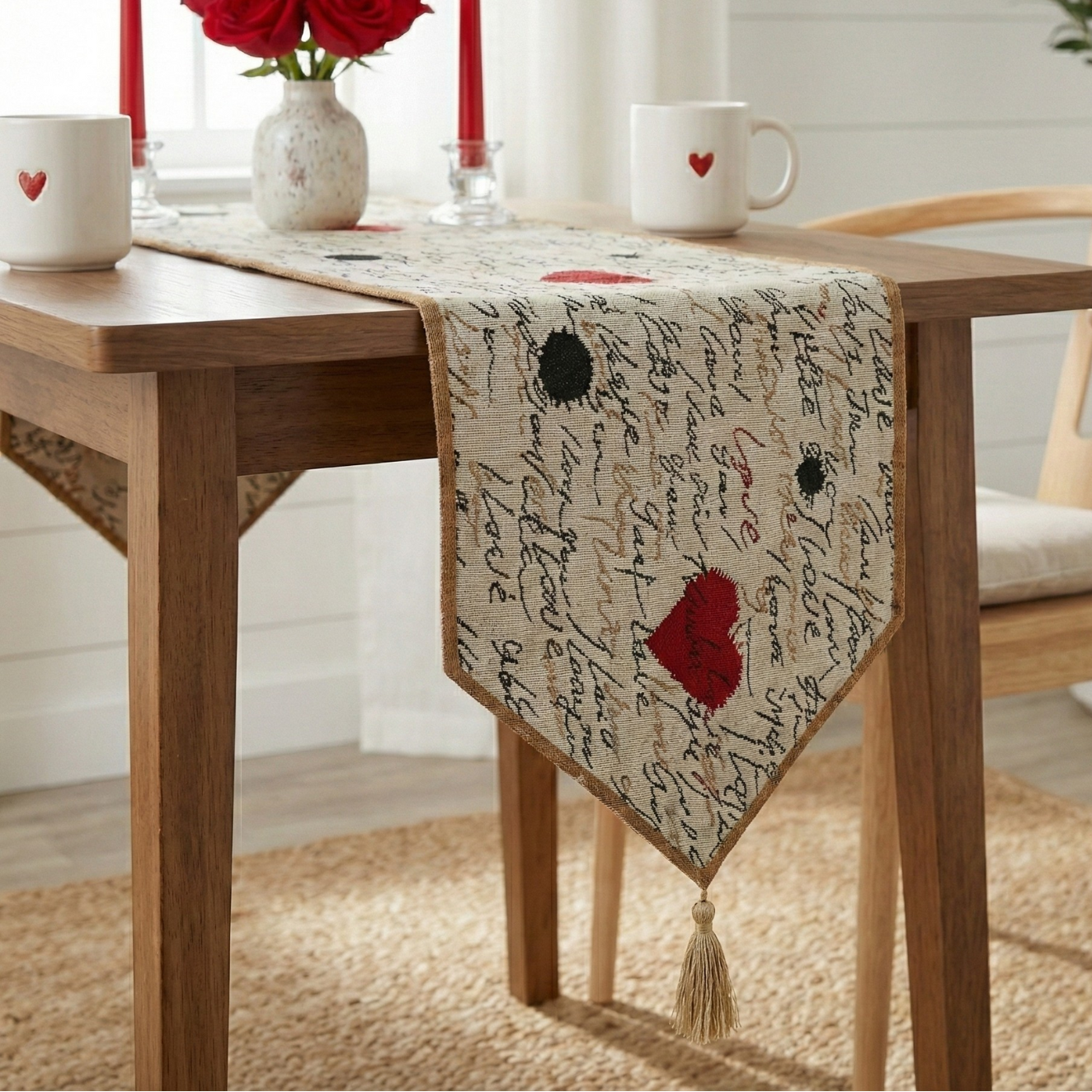 Wooden dining table with a decorative valentines' day table runner with I love you pattern, red candles, and a vase of red roses