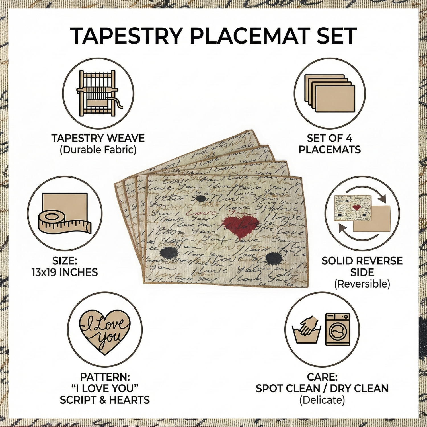 Tache Romantic Valentine’s Love Letter Beige Woven Tapestry Placemat Set (18111)