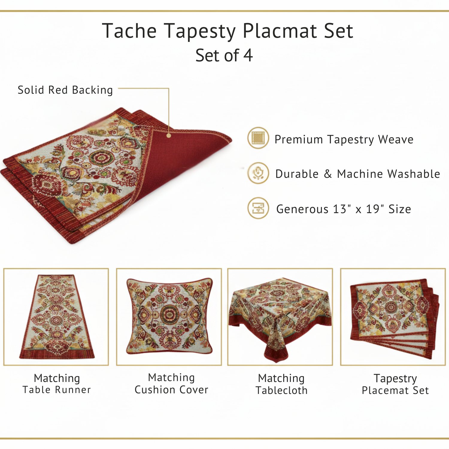 Tache Tapestry Placemat Set with matching table runner, cushion cover, and tablecloth on a white background.