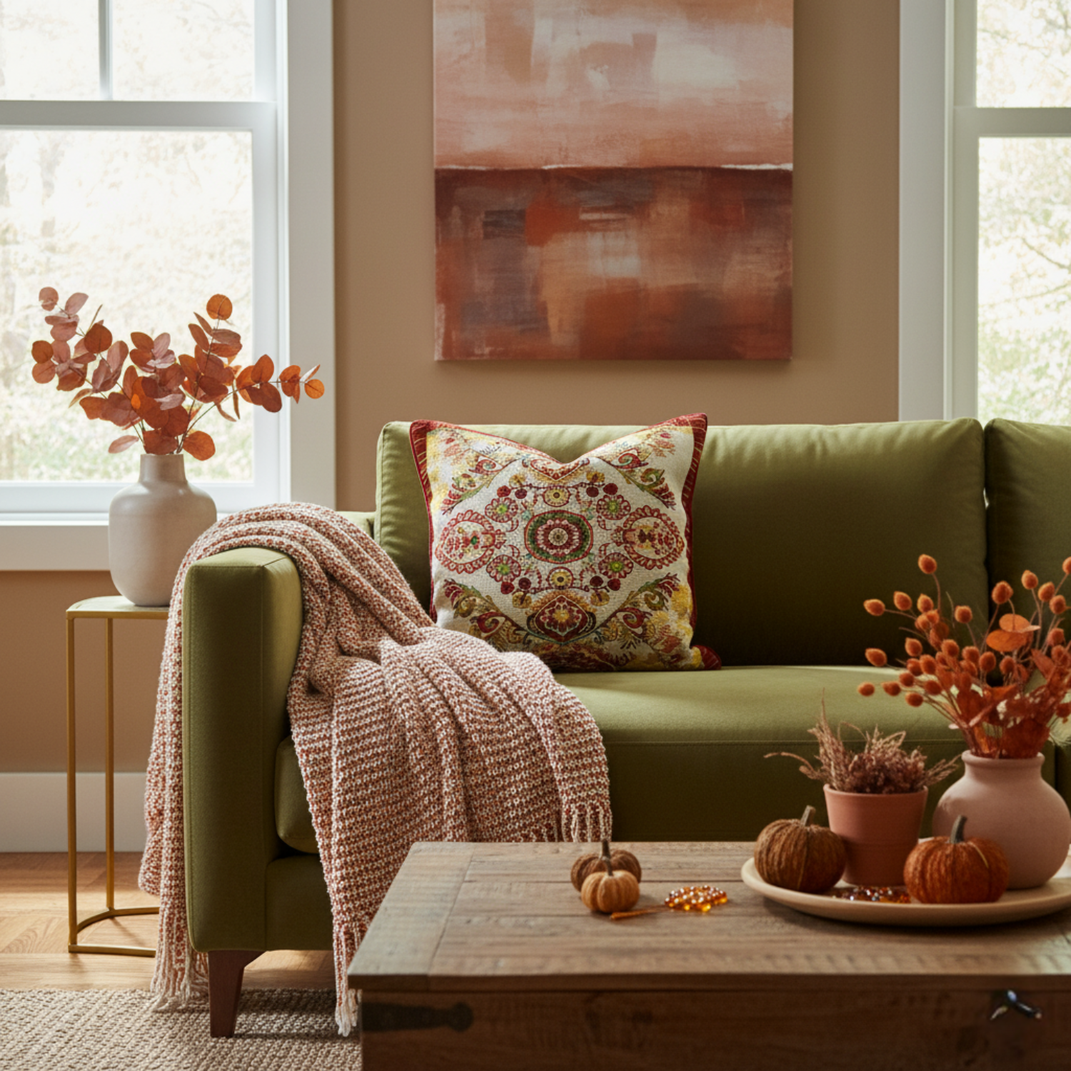 Cozy living room with a green sofa, decorative pillows, and autumn-themed decor.