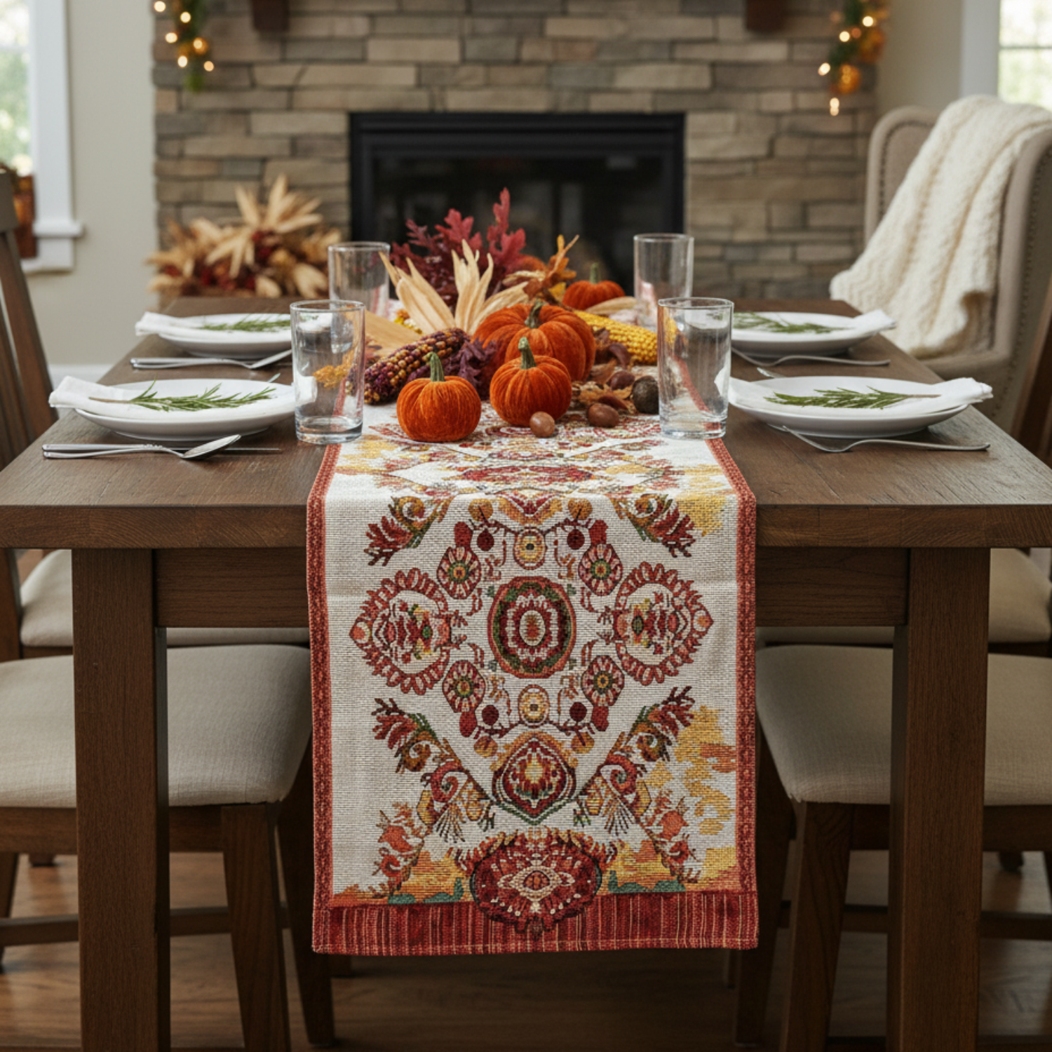 Dining table set for a meal with a decorative table runner, pumpkins, and autumn-themed centerpieces.