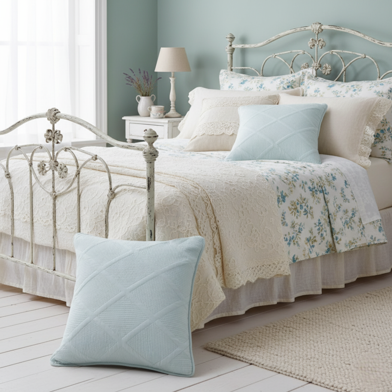 Neatly made bed with floral bedding and light blue pillows in a bedroom setting.