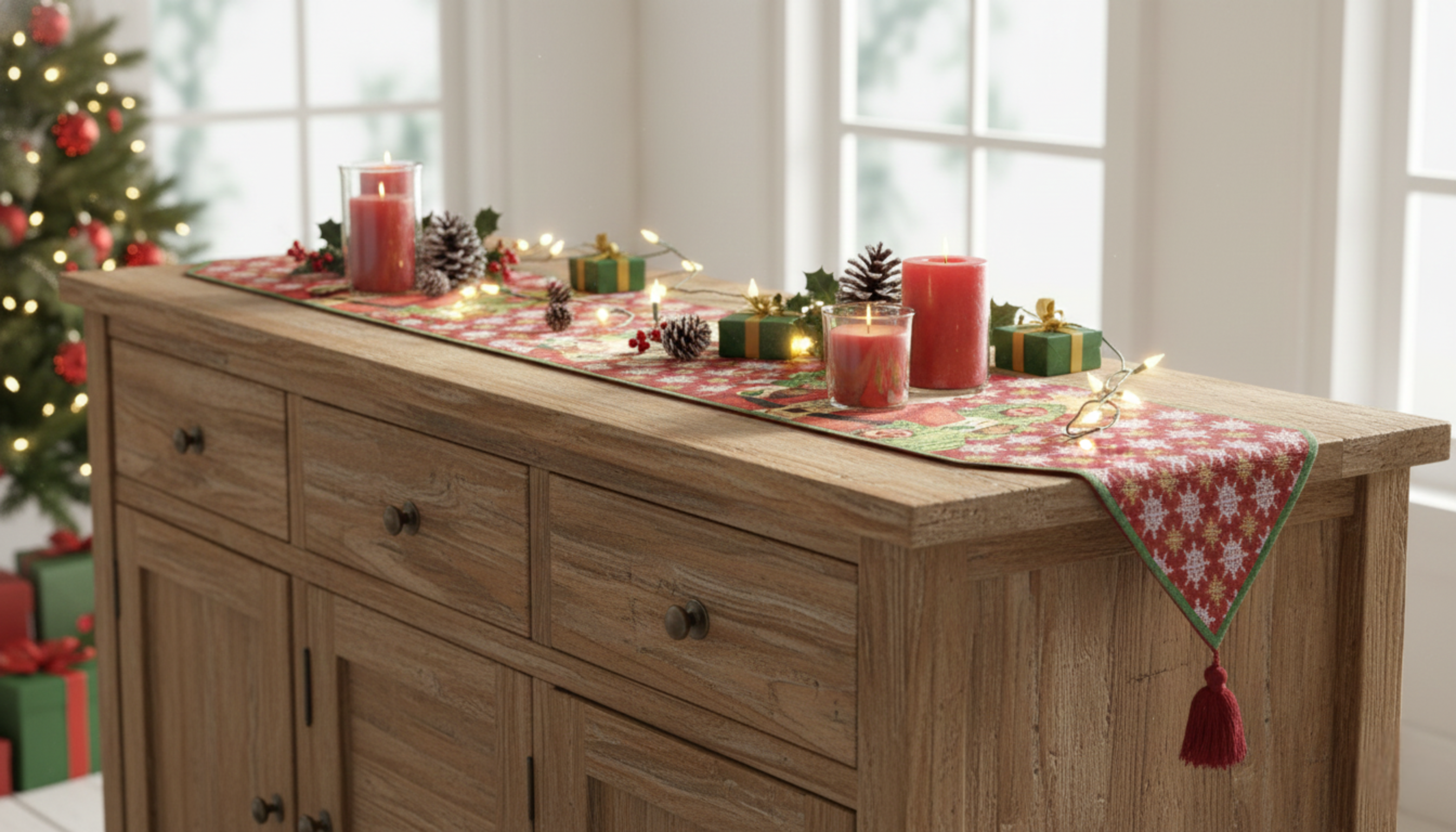 Wooden sideboard with Christmas decorations including candles, lights, and a red and white checkered tablecloth.