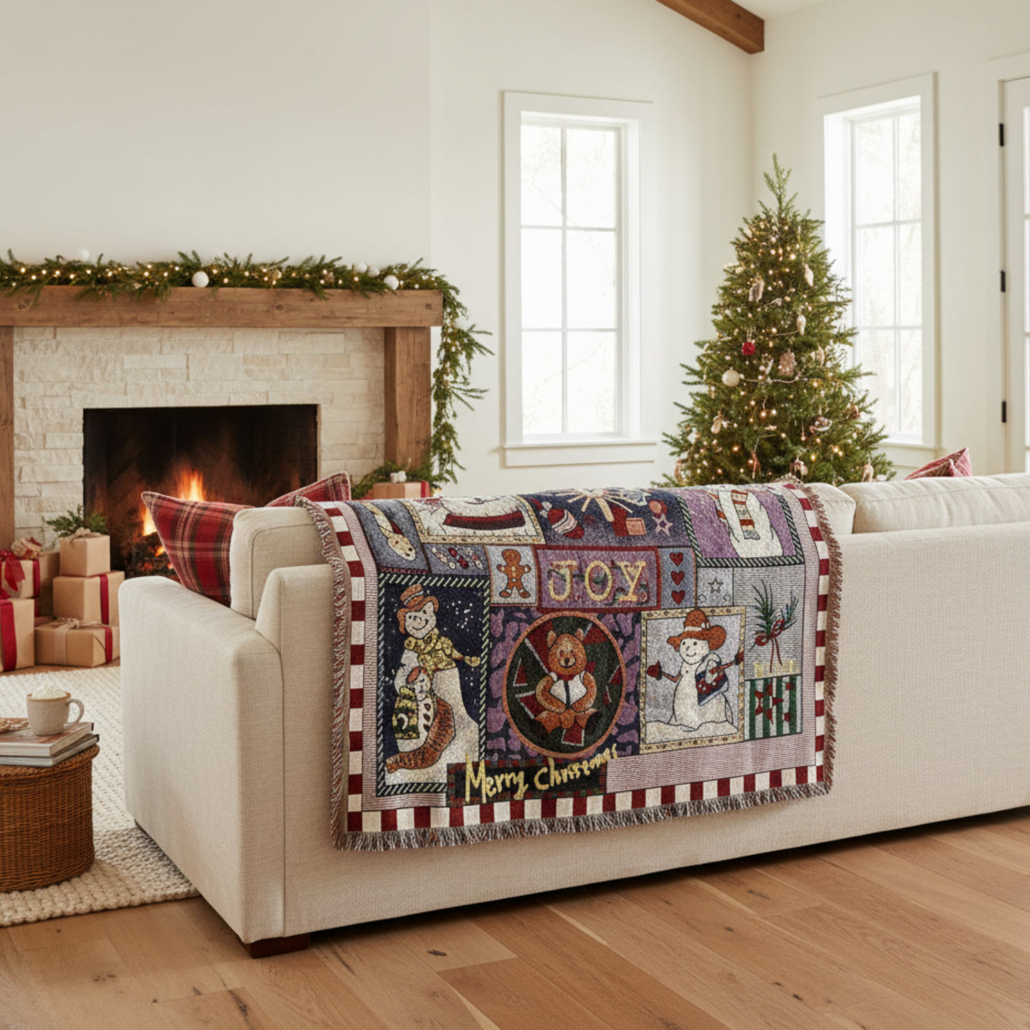 Living room with a decorated Christmas tree, fireplace, and a festive blanket on a couch.
