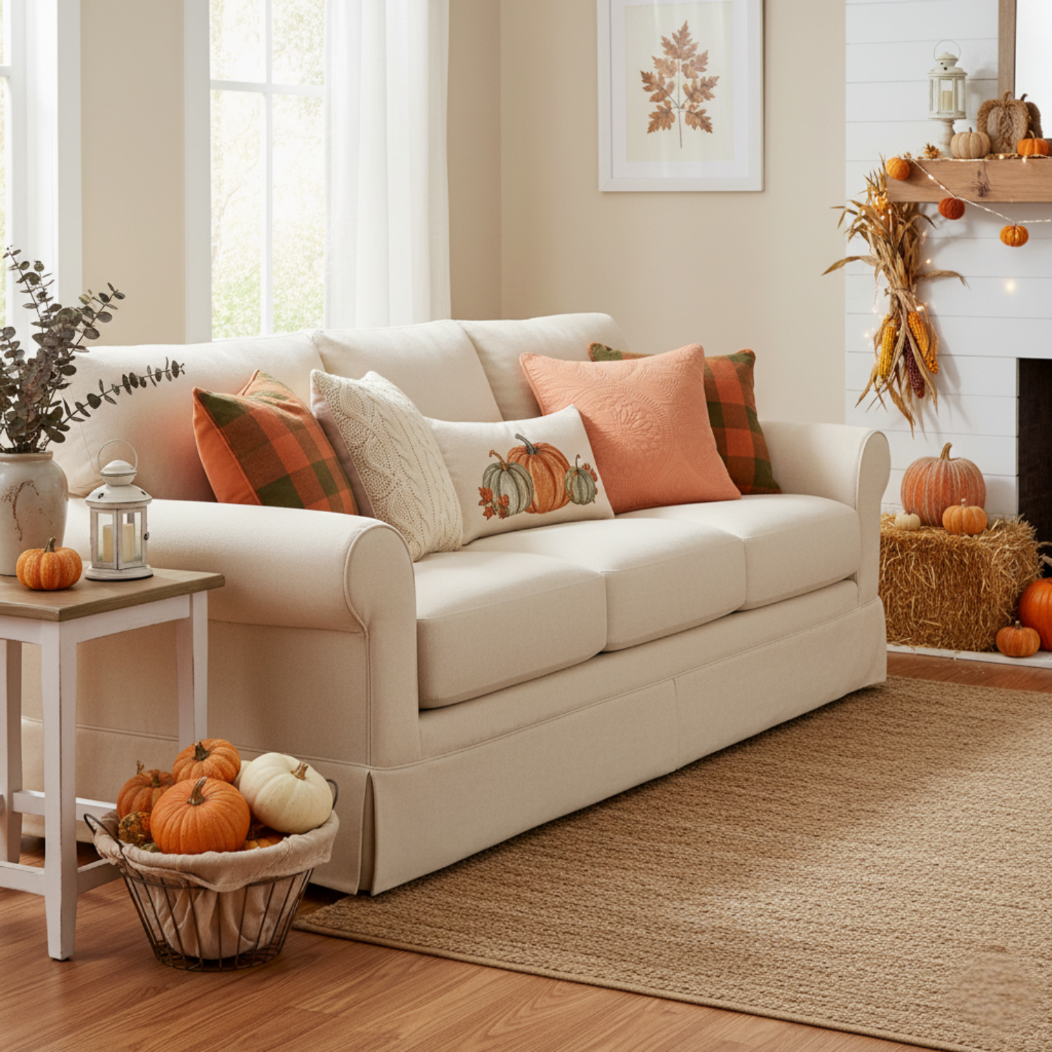 Living room with a white sofa decorated with fall-themed pillows and pumpkins and solid orange cushion