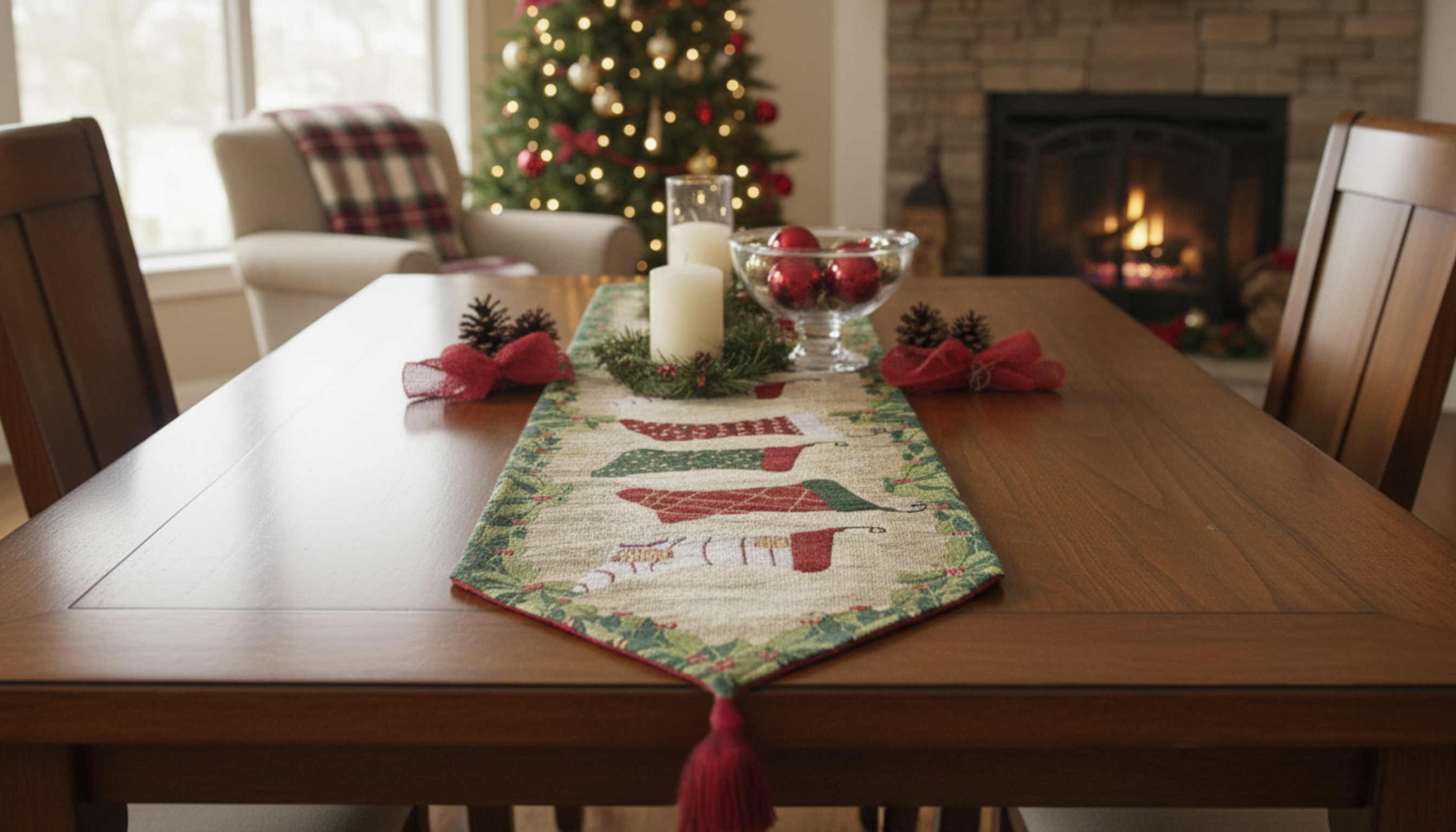Dining table set for Christmas with a decorative runner, candles, and fruit bowl.