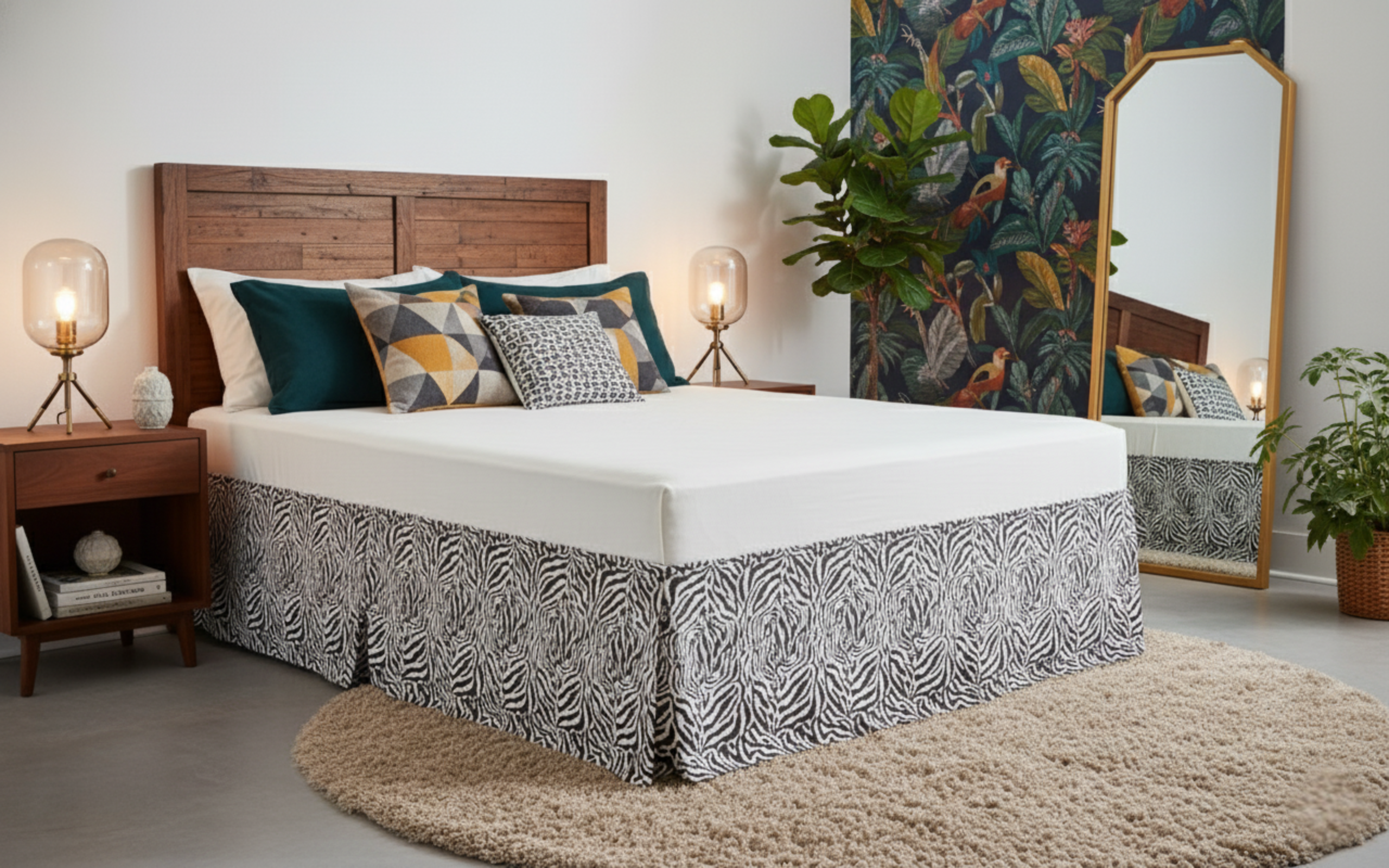 Bedroom with a bed featuring a zebra print skirt, nightstands, and decorative pillows.