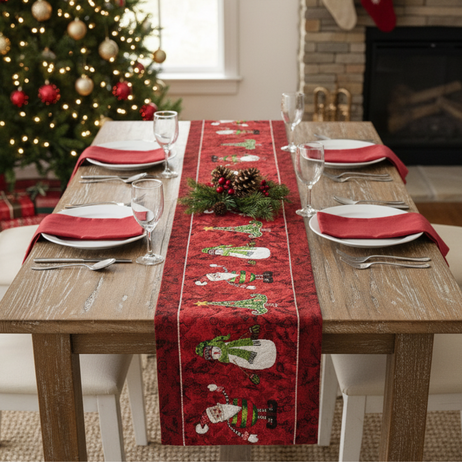Dining table set for Christmas with a red table runner, white plates, and red napkins.