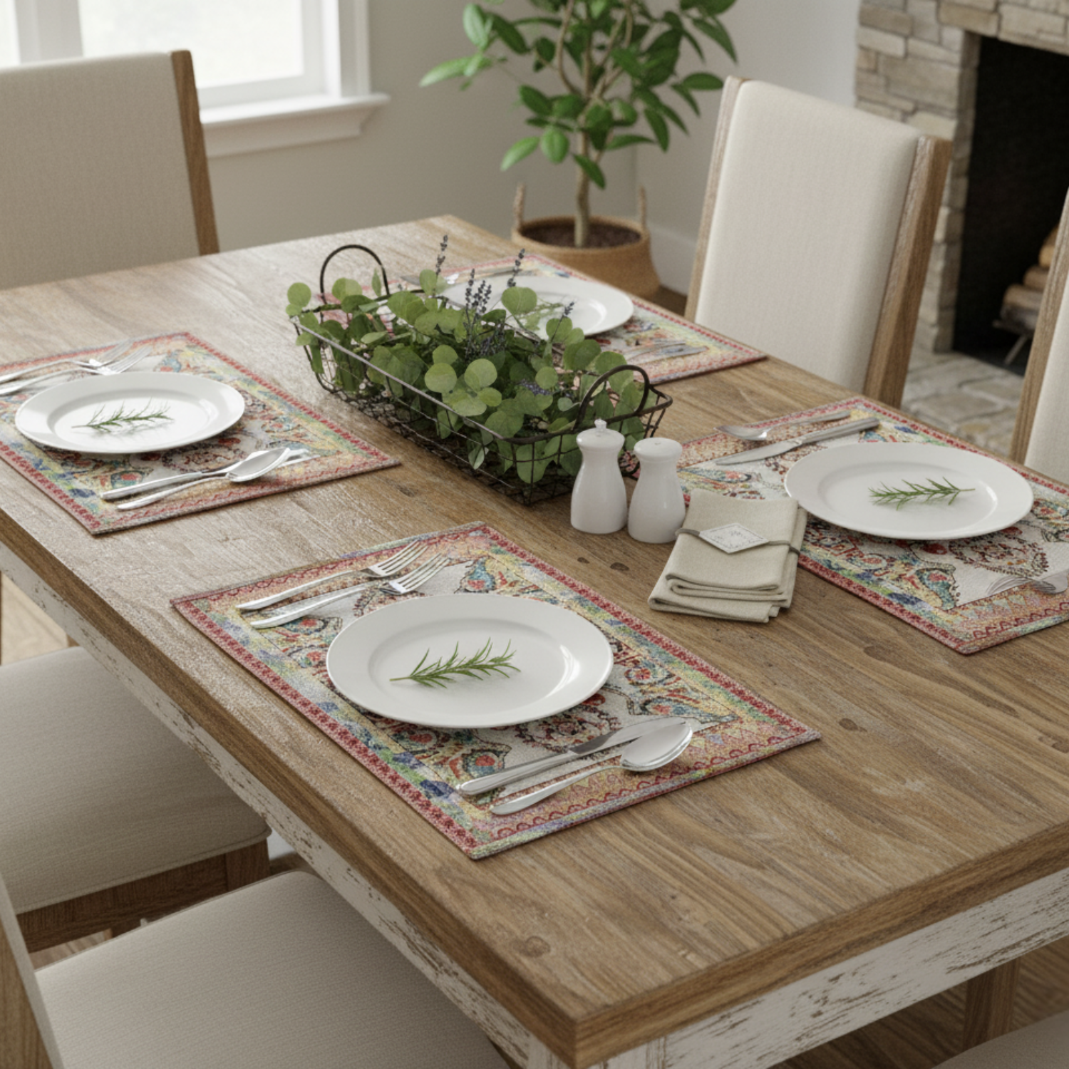 Dining table set with plates, cutlery, and decorative placemats in a home setting.