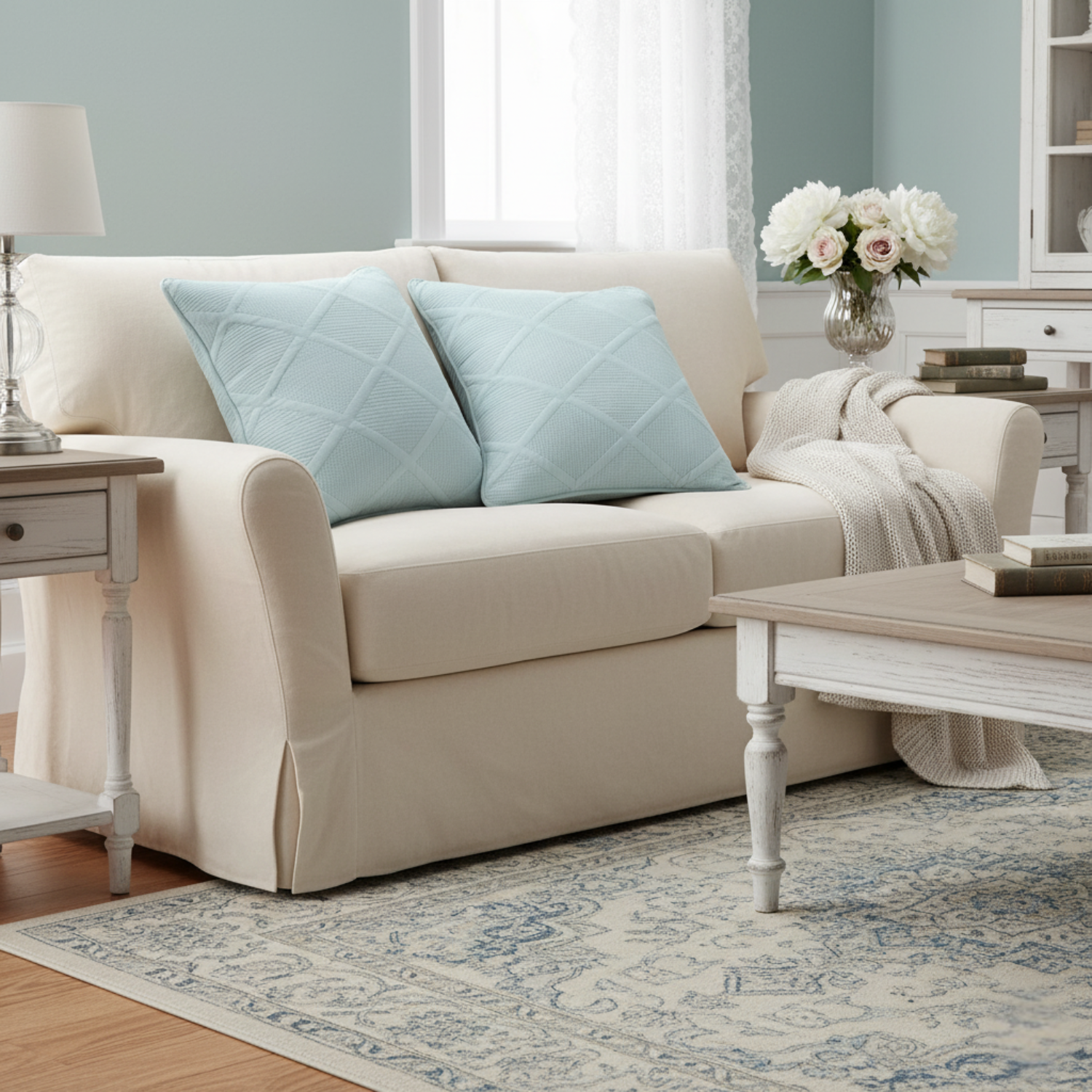 Beige sofa with light blue pillows in a living room setting.