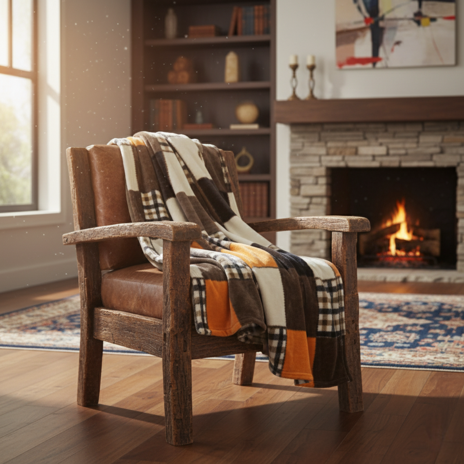A plush, plaid patchwork throw blanket in shades of brown, white, and burnt orange draped over a rustic leather armchair in a cozy, high-end log cabin style living room. A fireplace with a stone hearth is visible in the background, casting a warm glow