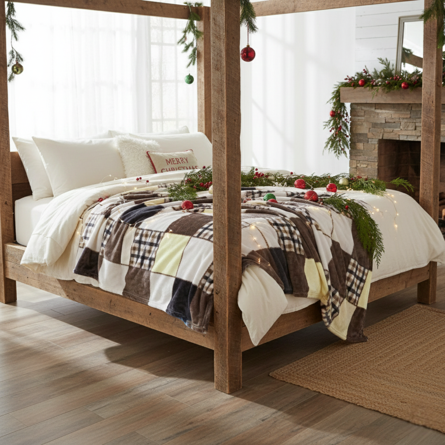 Bedroom with wooden canopy bed, Buttermilk plaid blanket, and Christmas decorations.