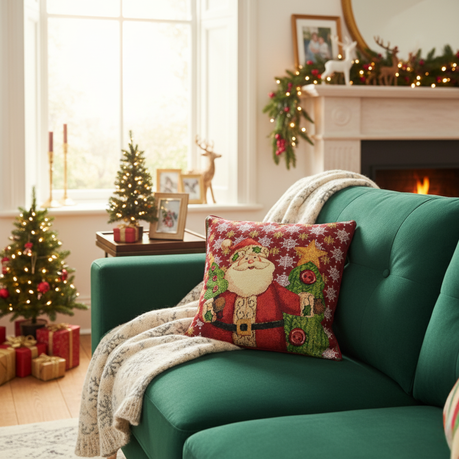 Cozy living room with a green sofa, Christmas-themed pillow, and decorated trees.