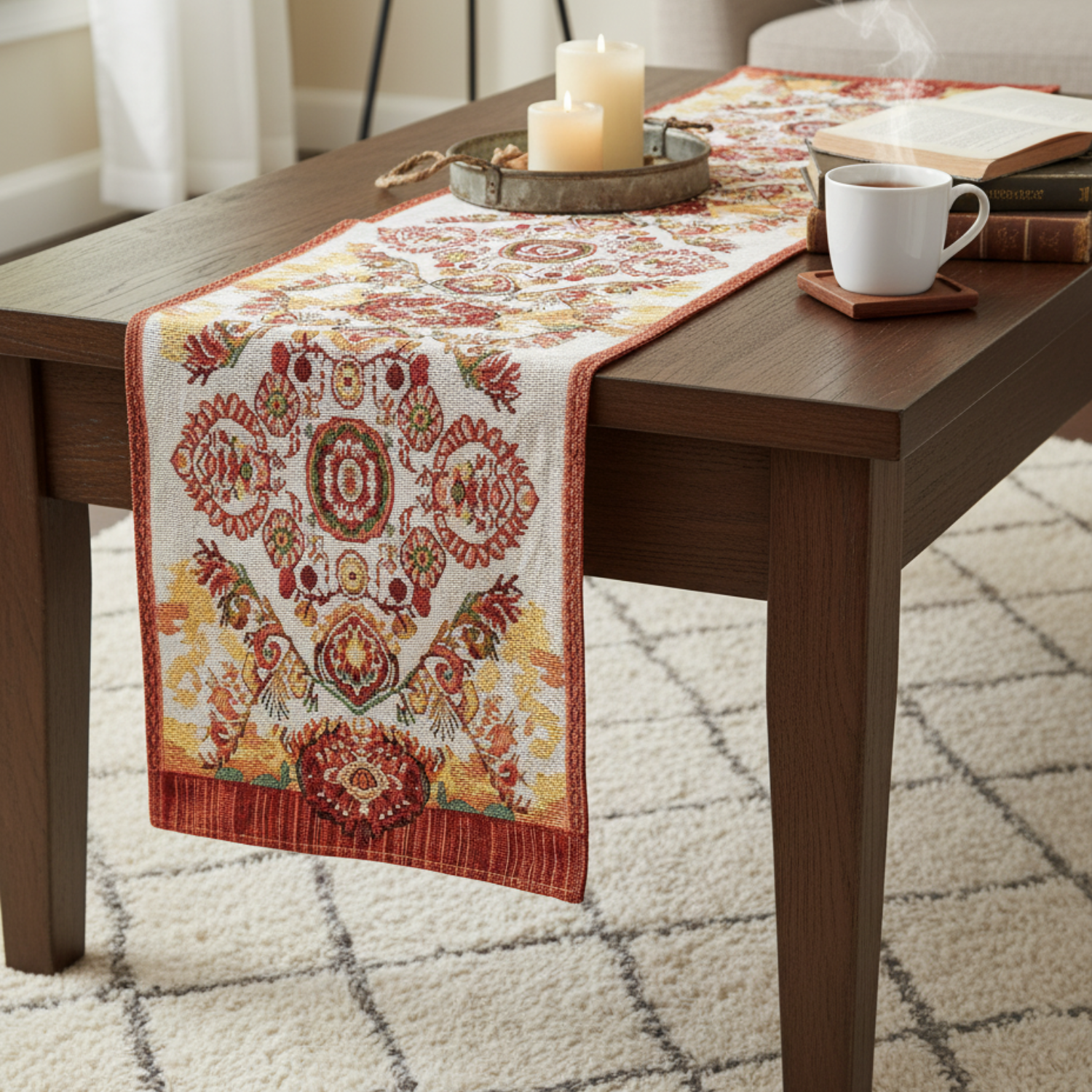 Decorative table runner with intricate patterns on a wooden table.