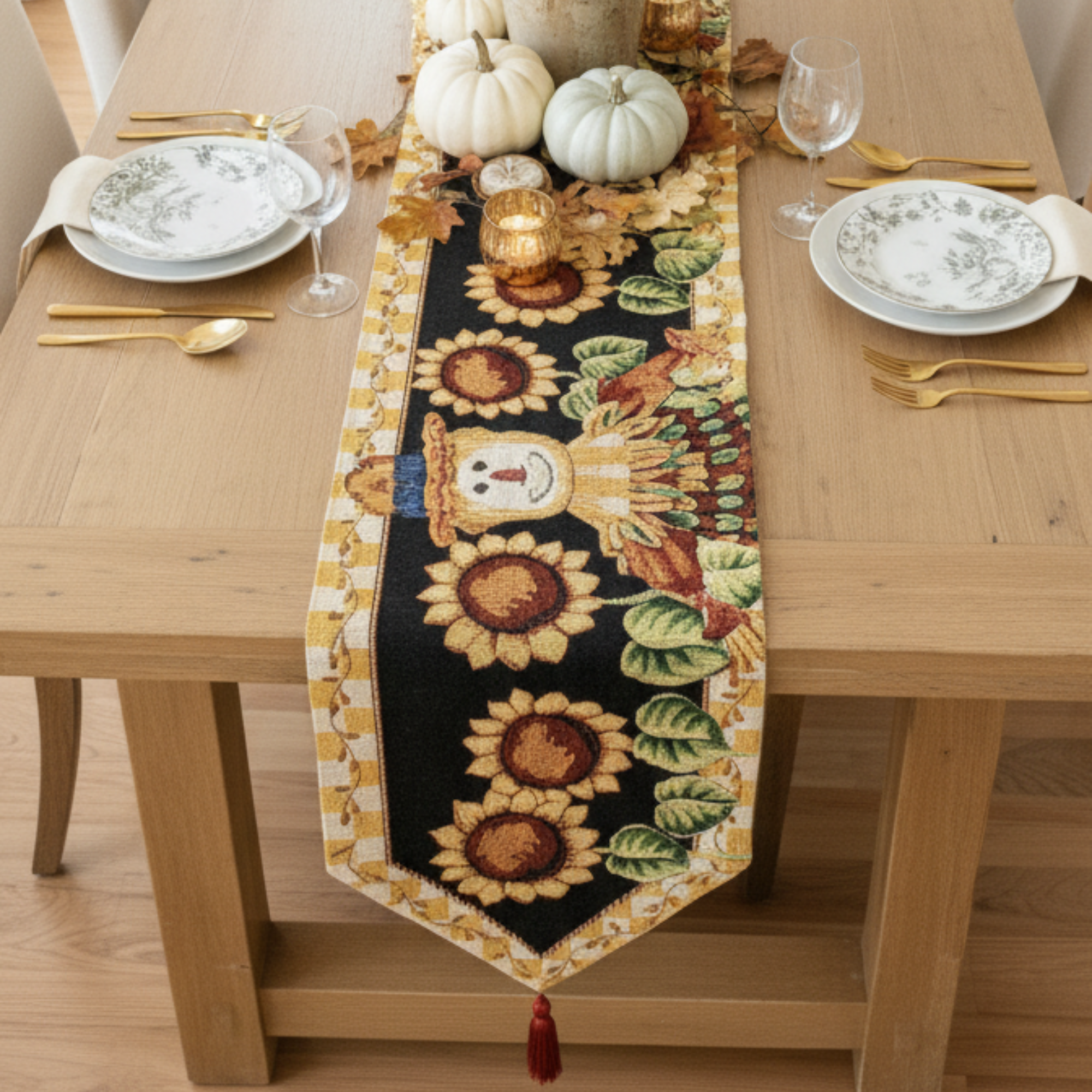 Decorative table runner with sunflowers scarecrow and a turkey design on a set dining table.