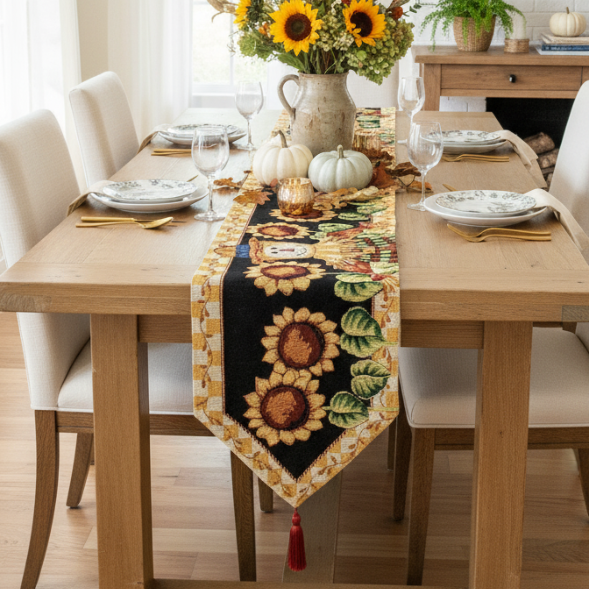 Dining table set with a sunflower-themed table runner, white pumpkins, and a vase of sunflowers.
