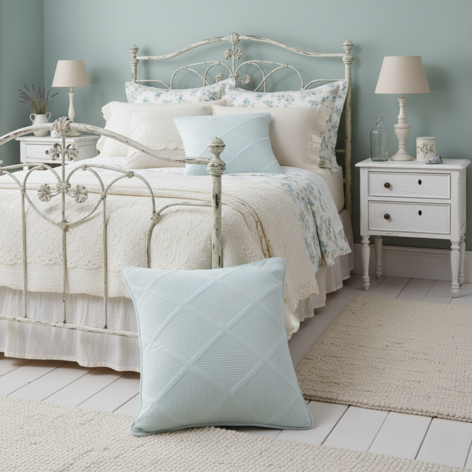 Bedroom with a decorative metal bed, white bedding, and light blue pillows.
