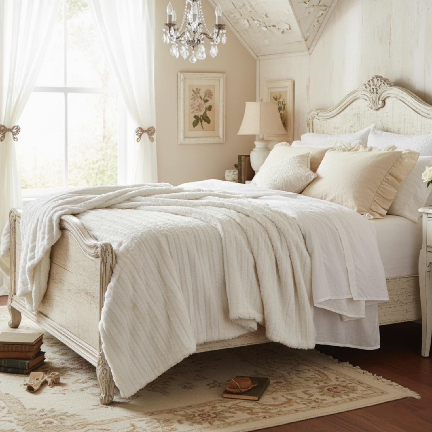 Neatly made bed in a bedroom with white bedding and decorative pillows.
