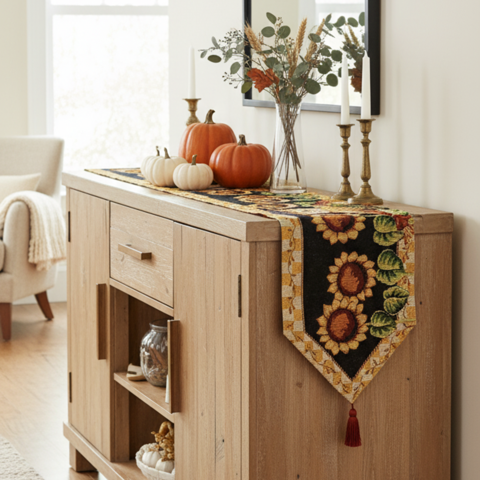 Wooden sideboard with a decorative table runner featuring sunflowers scarecrow and pumpkins, in a home setting with fall decorations