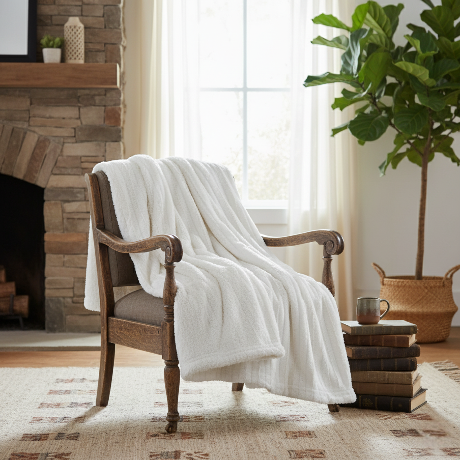 White blanket draped over a wooden armchair in a cozy living room with a fireplace and plants.
