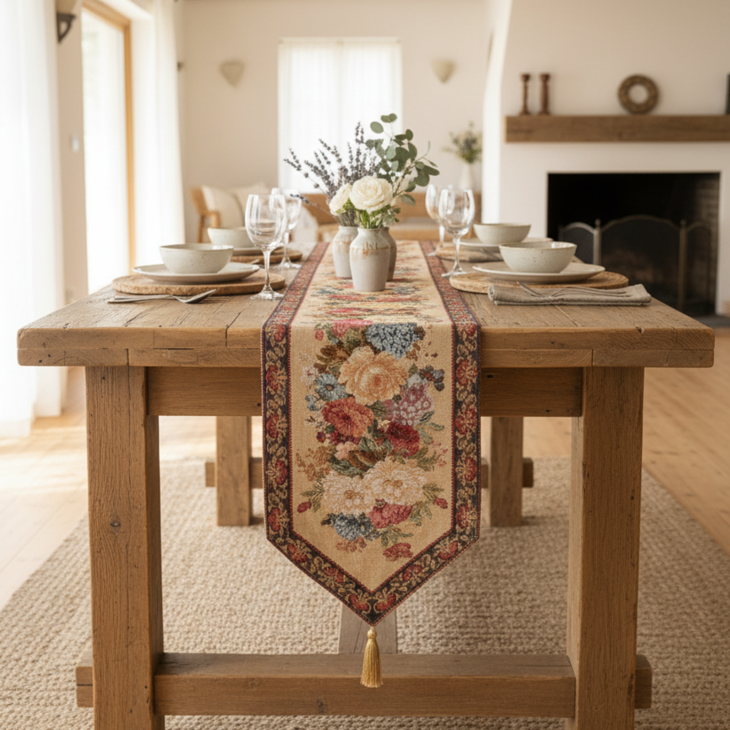 Dining table with a floral table runner in a cozy room.