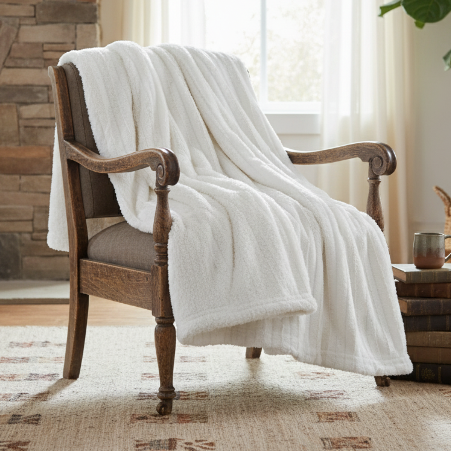 White Polar Faux Fur Throw blanket draped over a wooden armchair in a cozy room with a stone wall and window.