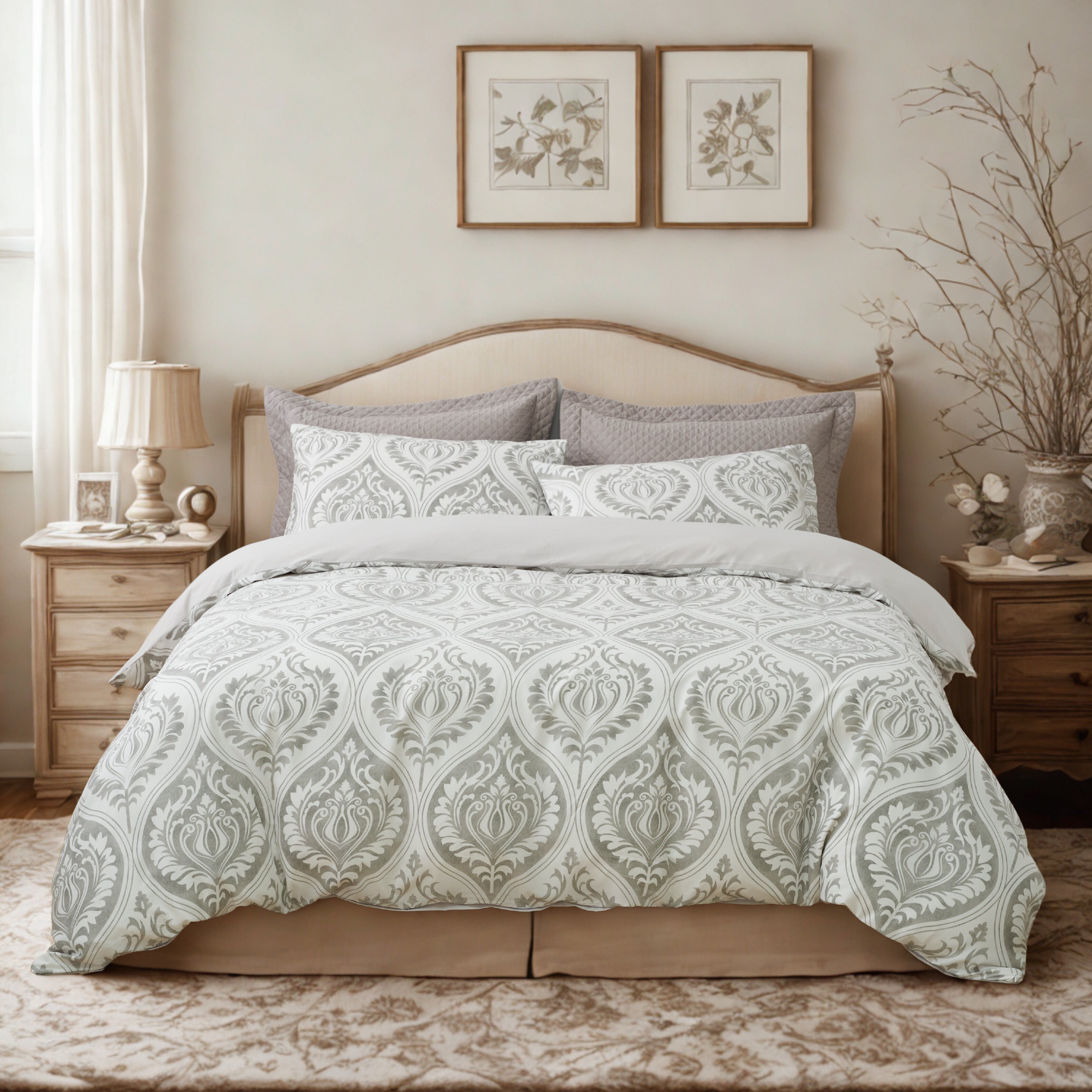 A cozy bedroom features a bed with a stylish duvet cover adorned with an intricate gray floral pattern. The bed is flanked by two wooden nightstands, each holding a lamp with a beige shade and small decorative items. Above the bed, two framed botanical prints hang on a light-colored wall, complemented by a tall vase with dried branches. A soft, patterned rug covers the floor, enhancing the room's warm and inviting atmosphere