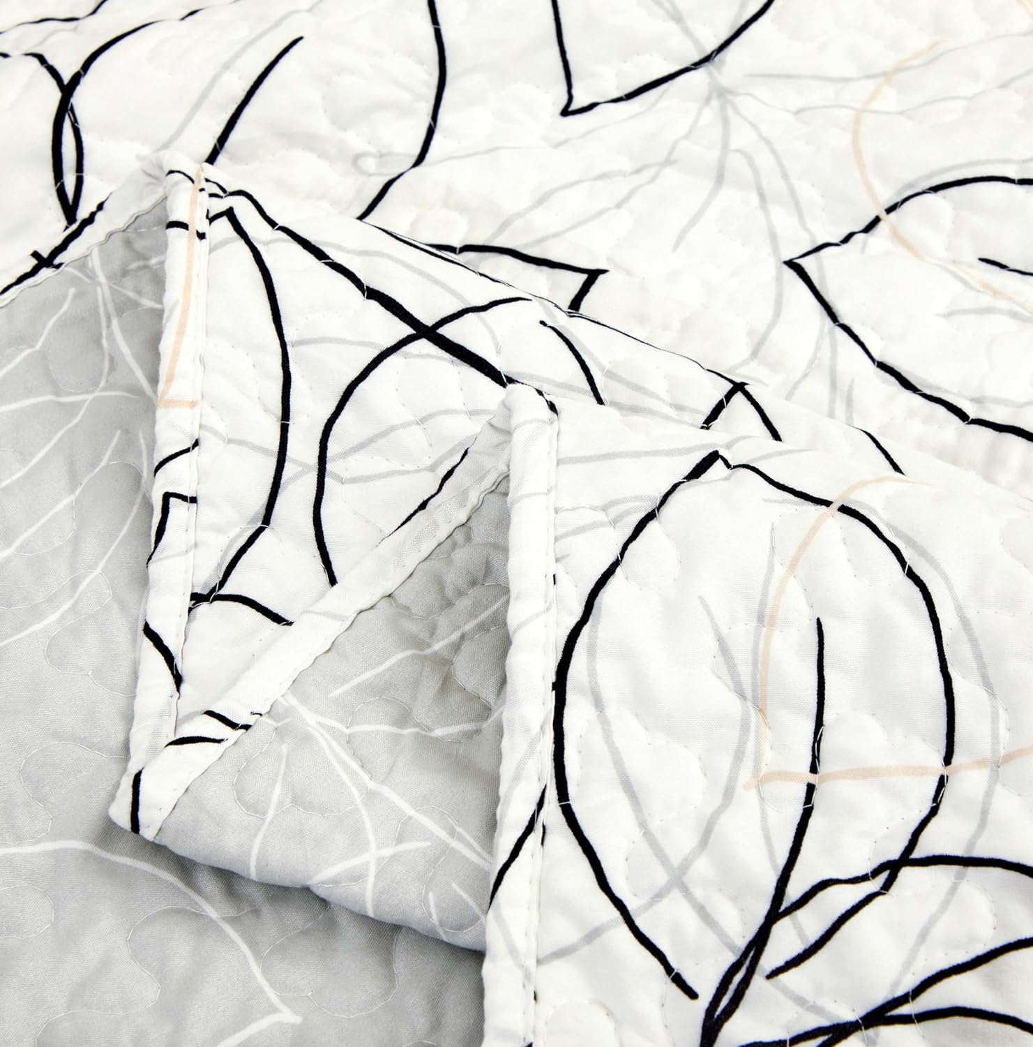 Tache Modern Abstract Leaf Line Art Foliage White Grey Black Gold Reversible Quilted Throw (TJ3571)