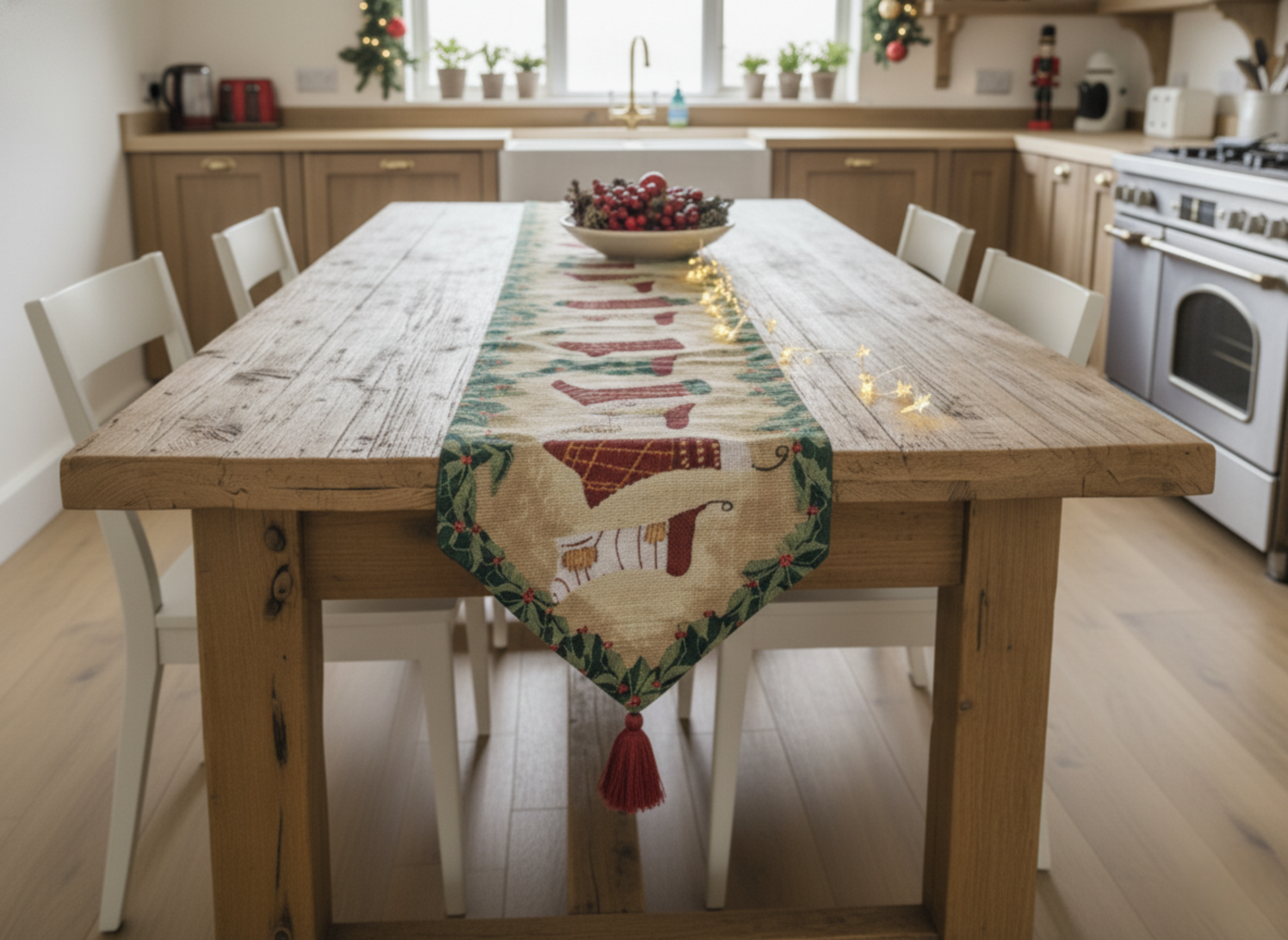 Dining room with a wooden table and chairs, featuring a Christmas-themed table runner in stockings pattern in red green and white