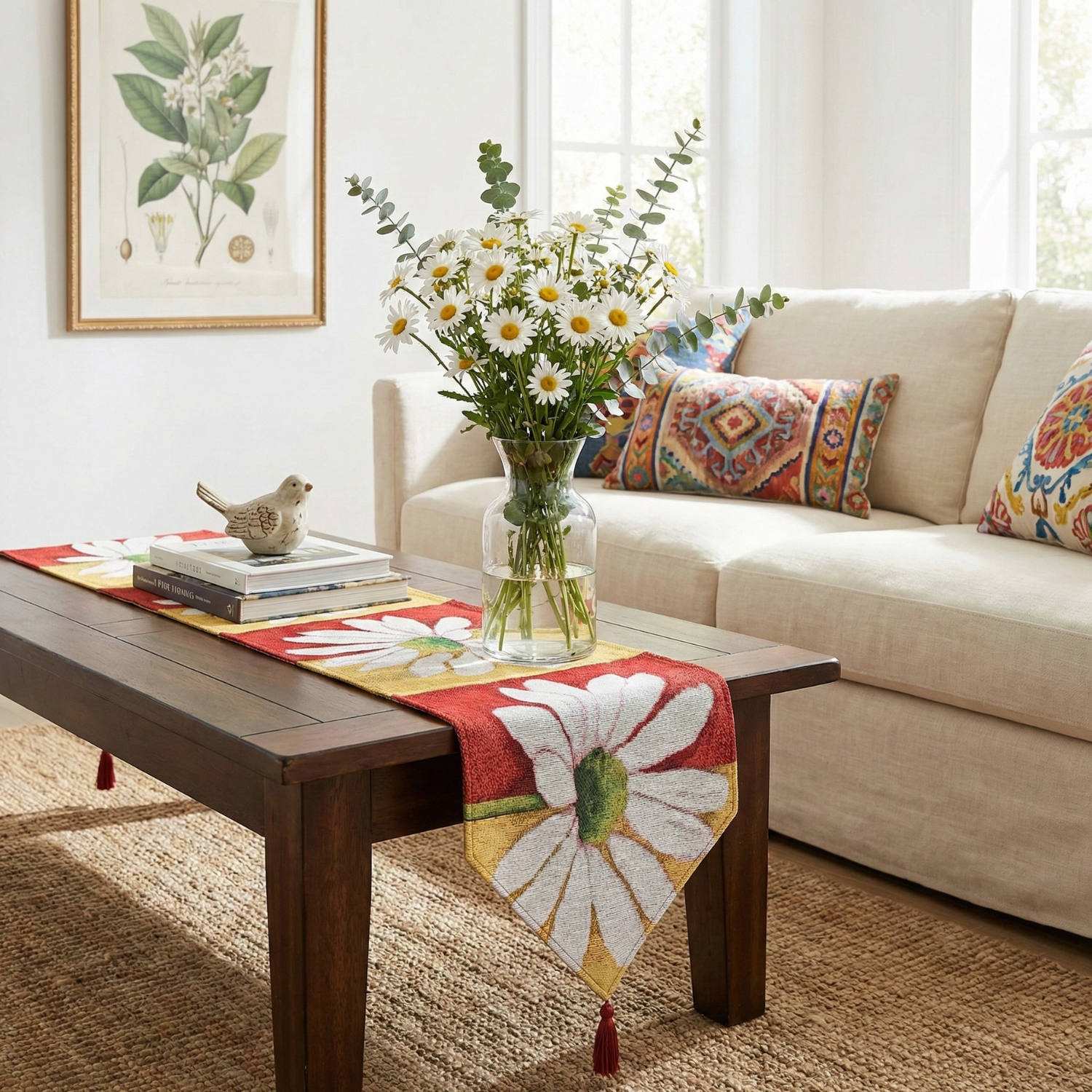 Living room with a wooden coffee table, floral arrangement, and colorful cushions on a beige sofa.