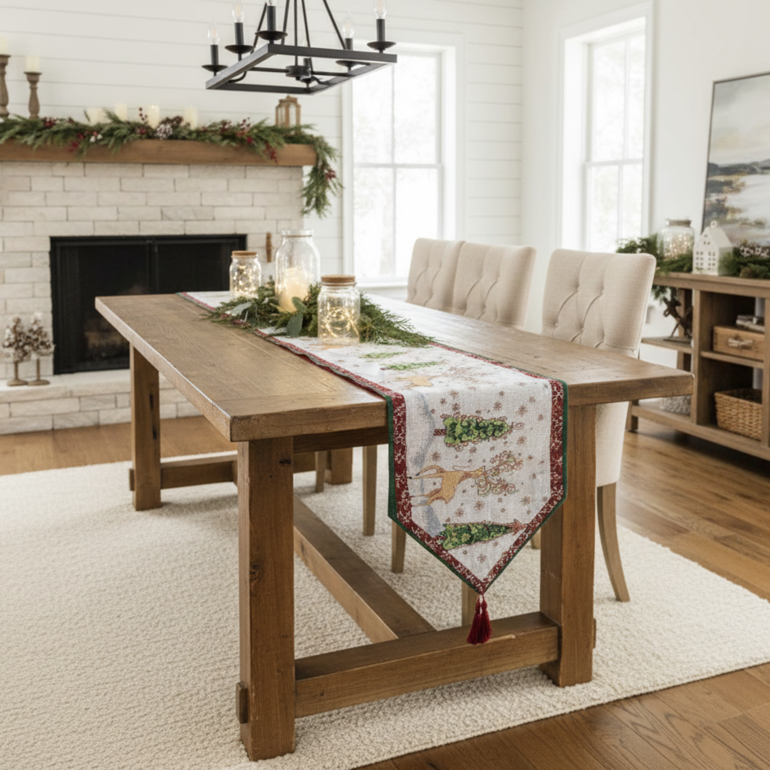 Dining room with wooden table and festive reindeer table runner, decorated for Christmas.
