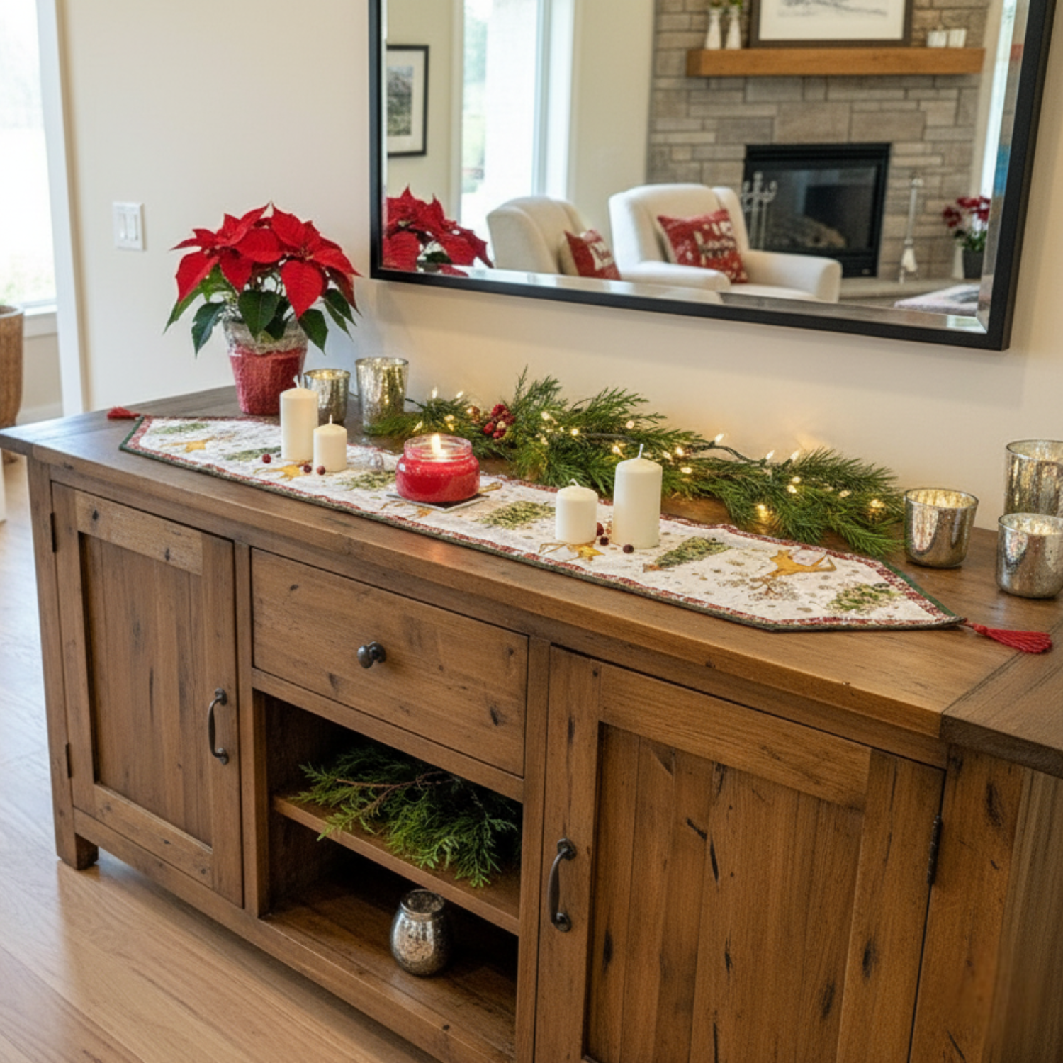 Wooden sideboard decorated with Christmas decorations including candles, a red candle, and greenery.