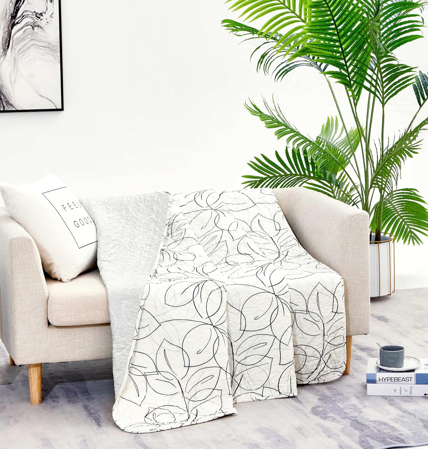 Tache Modern Abstract Leaf Line Art Foliage White Grey Black Gold Reversible Quilted Throw (TJ3571)