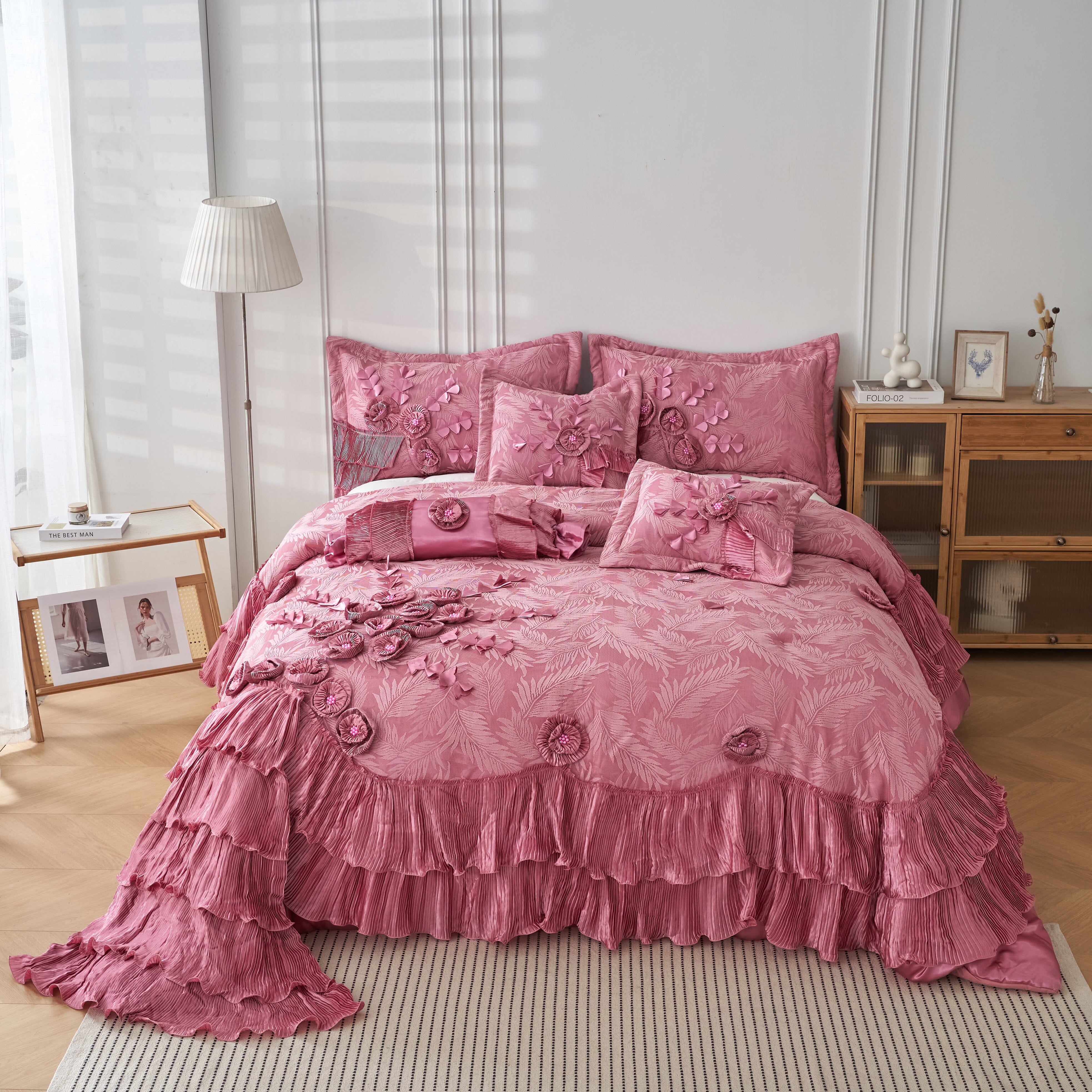 Tache Satin Ruffle Floral Lace Pink Royal Princess Dream Comforter Set (BM1227) - Tache Home Fashion