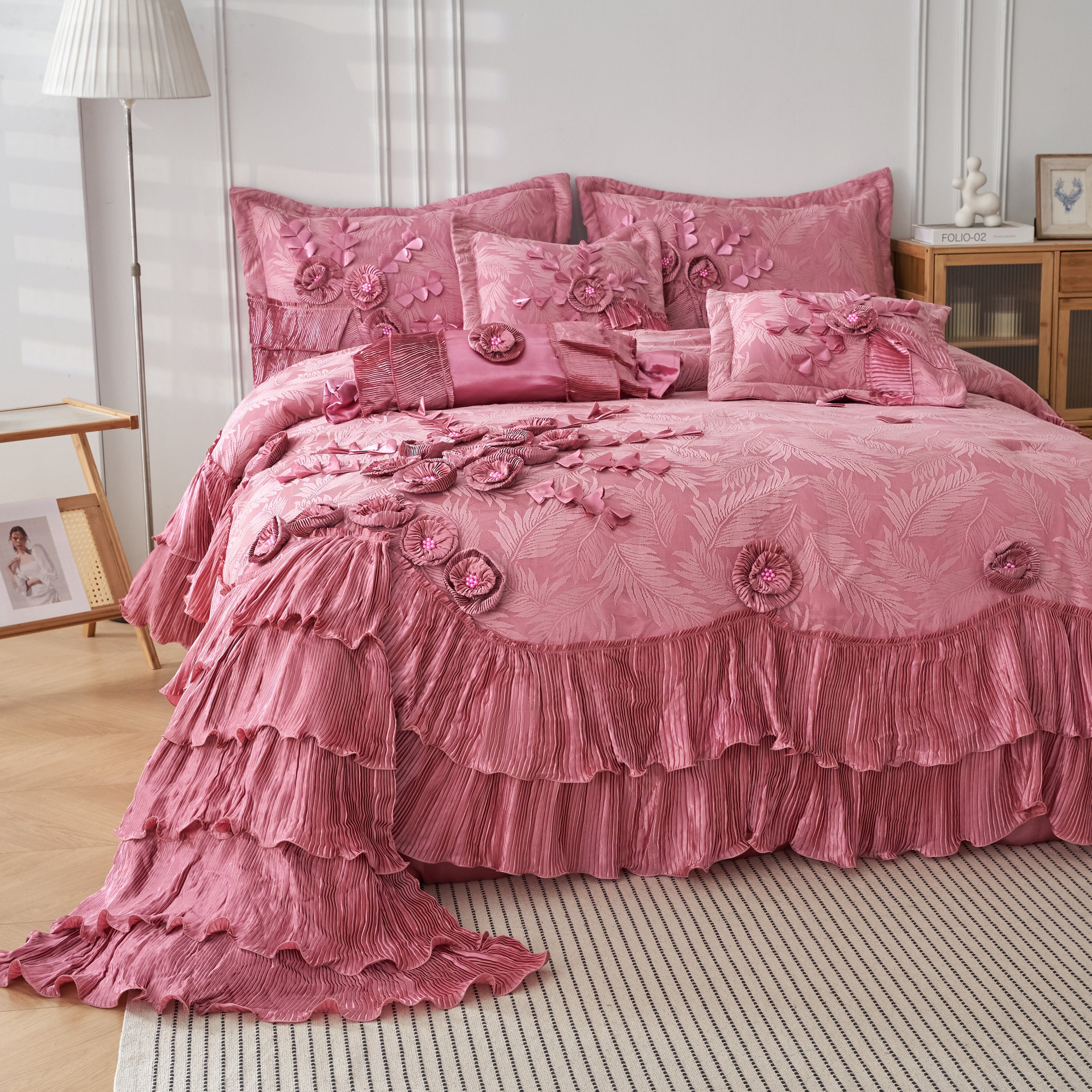 Tache Satin Ruffle Floral Lace Pink Royal Princess Dream Comforter Set (BM1227) - Tache Home Fashion