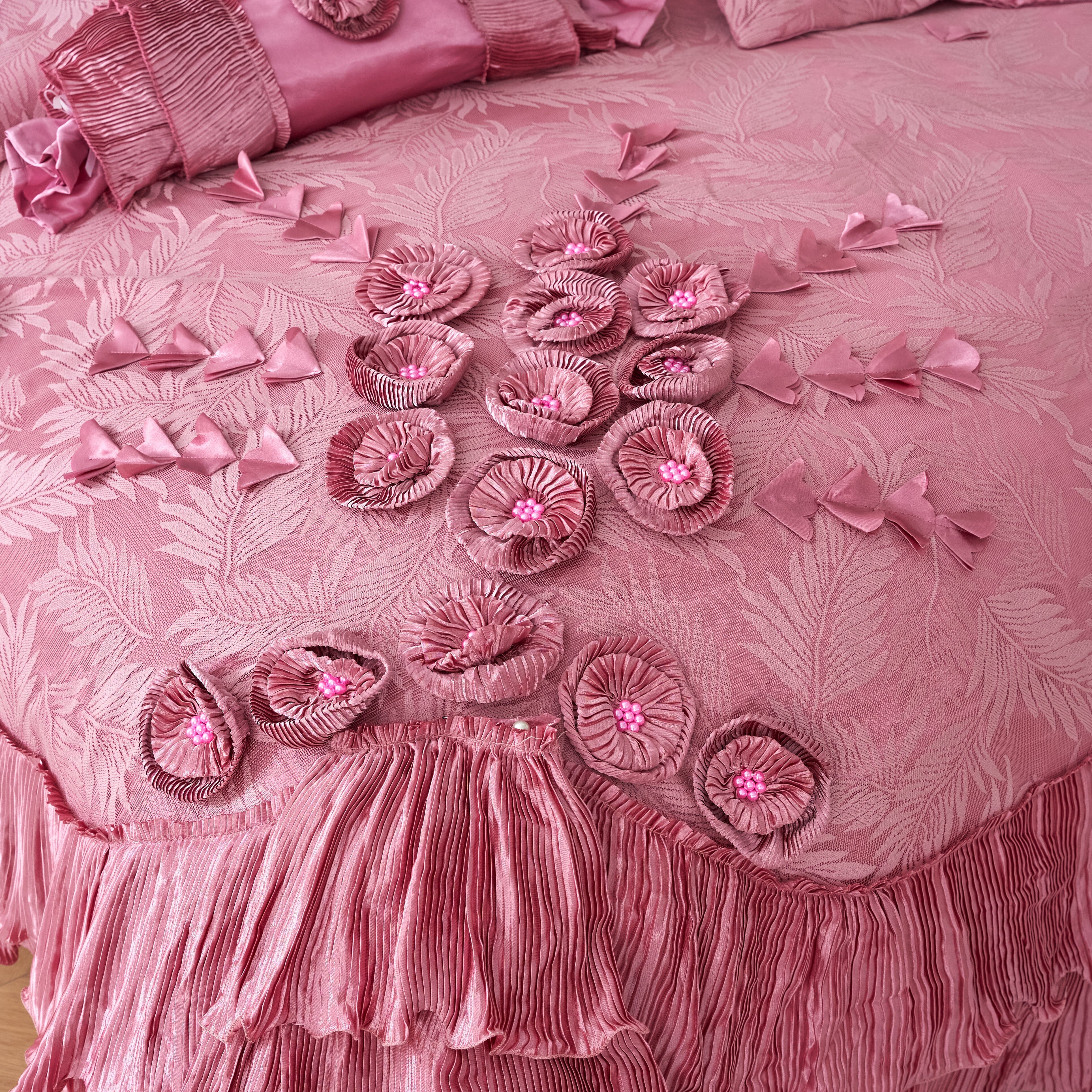 Tache Satin Ruffle Floral Lace Pink Royal Princess Dream Comforter Set (BM1227) - Tache Home Fashion