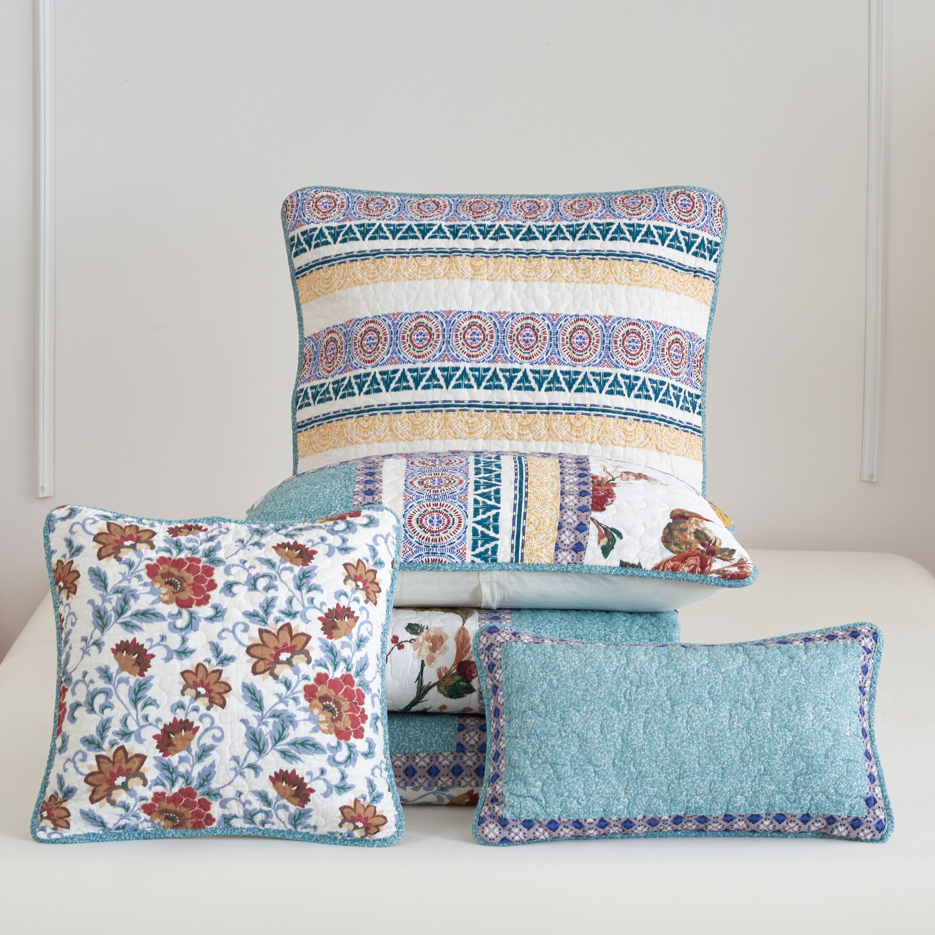 Tache Cotton Turquoise Blue Geometric Patchwork Border Old